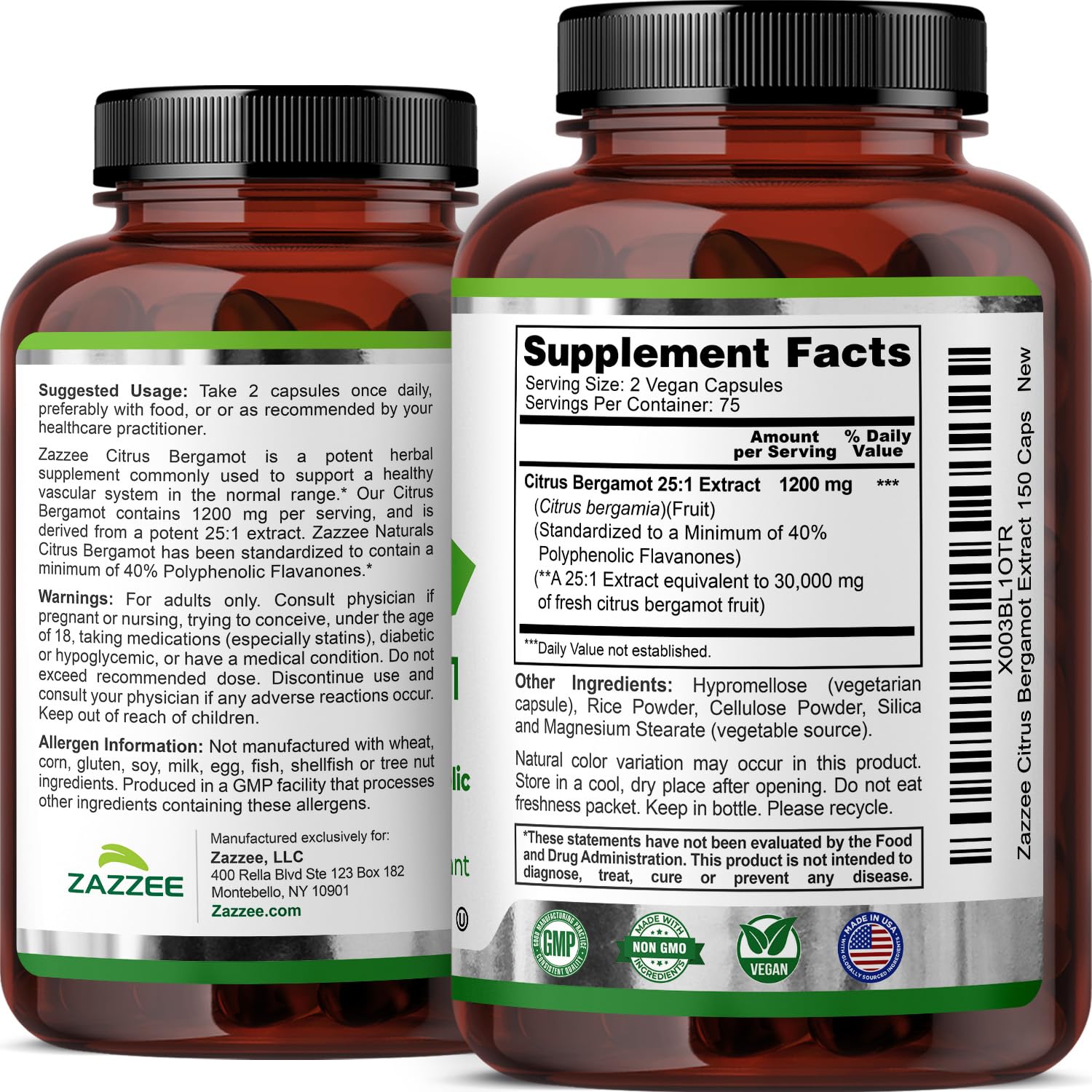 Zazzee Citrus Bergamot 25:1 Extract, 1200 mg Per Serving, 40% Polyphenolic Flavanones, 150 Vegan Capsules, 5 Month Supply, Citrus Bergamia, Antioxidant Support, Certified Kosher, Non-GMO, Made in USA Zazzee buy supplements canada