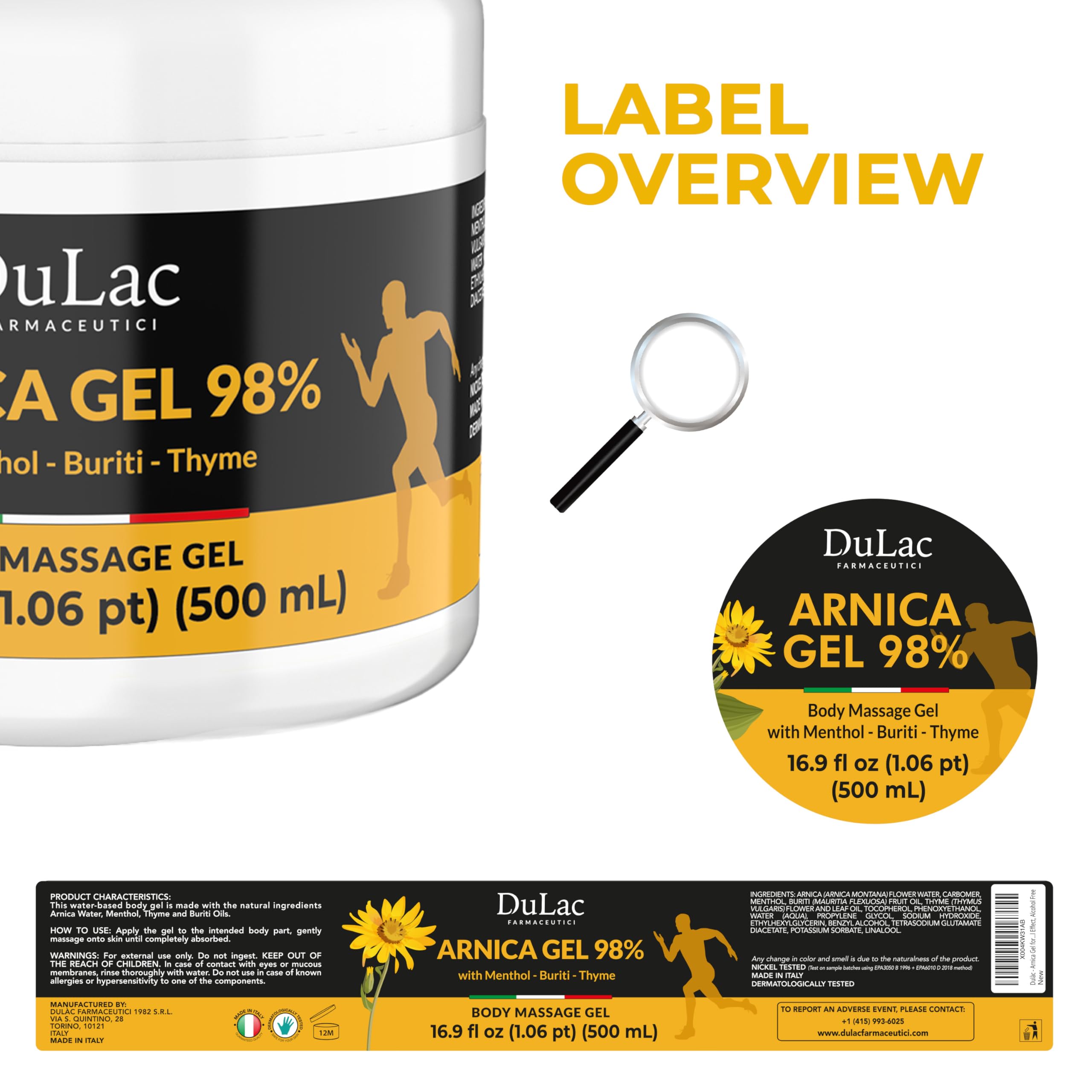 Dulac Arnica Body Massage Gel – Water-Based Cosmetic Massage Gel with Arnica Montana, Fast-Absorbing Lightweight Texture, Non-Greasy Feel, Dermatologically Tested, 16.9 fl oz DULÀC FARMACEUTICI 1982 buy supplements canada