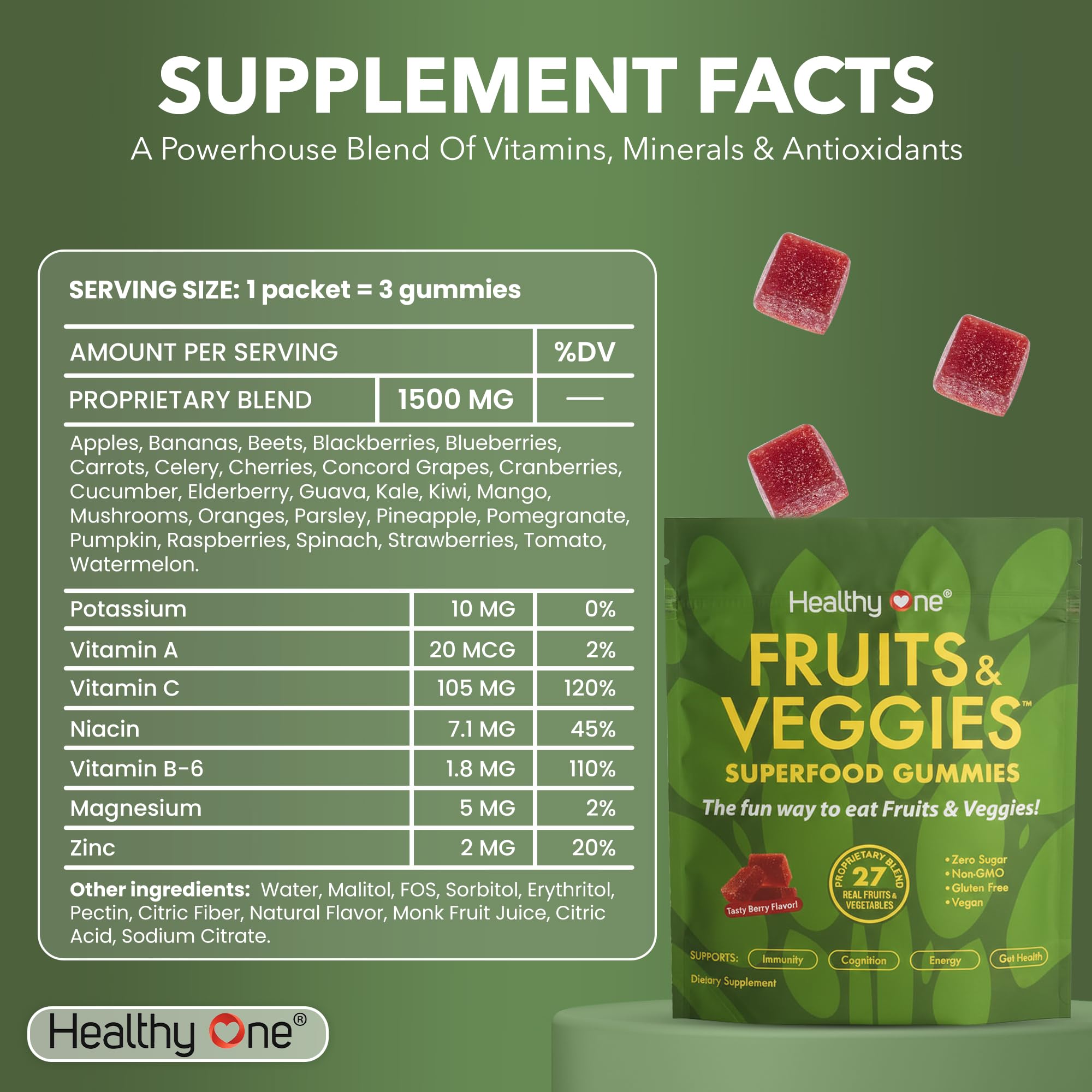 Fruits & Veggies Sugar-Free Gummies - 27 Whole Foods - Equals 3 Servings of Fruits & Vegetables - Improve Energy, Focus & Immune Function - Fiber - Antioxidants - Organic Ingredients - 28 Packets Healthy One buy supplements canada