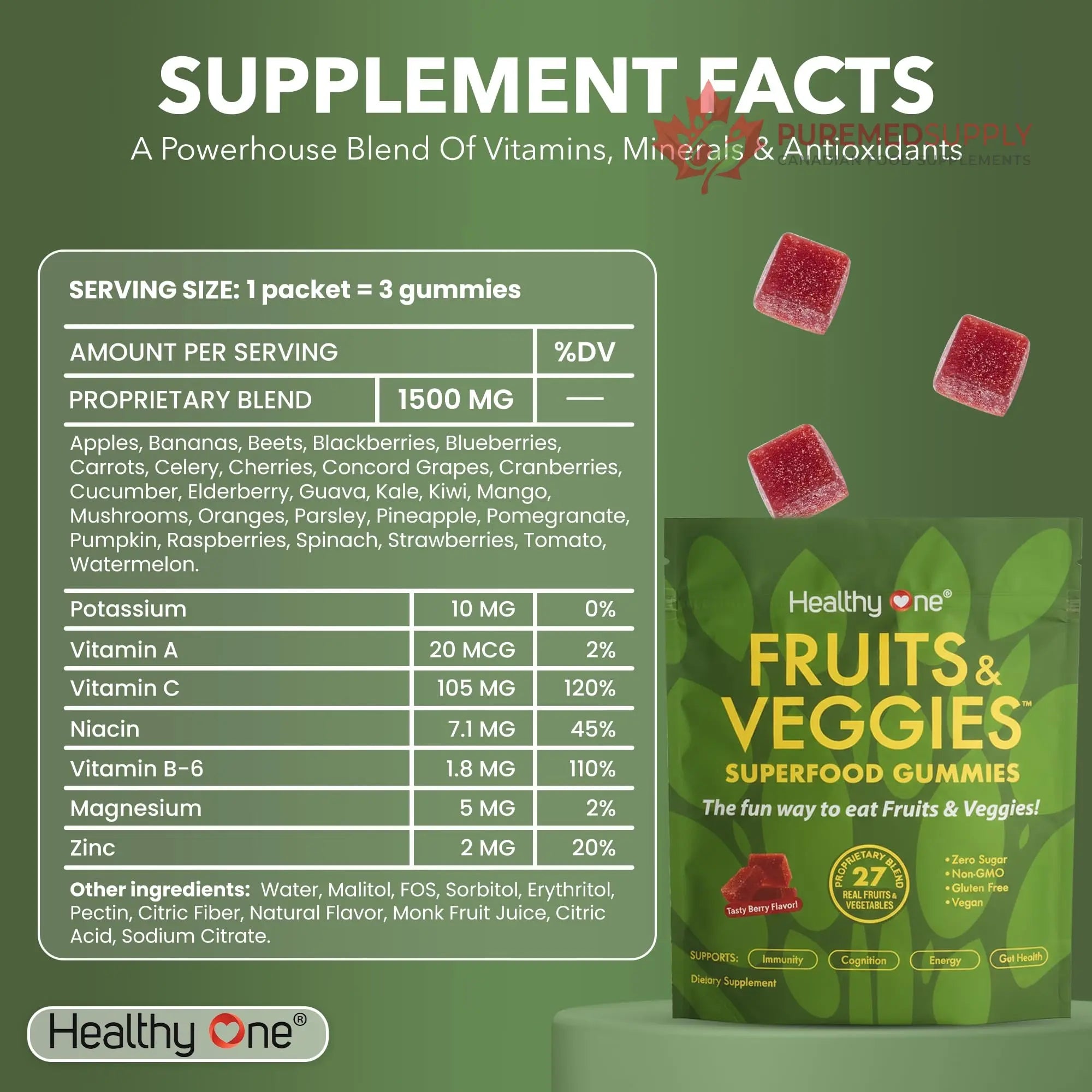 Fruits & Veggies Sugar-Free Gummies - 27 Whole Foods - Equals 3 Servings of Fruits & Vegetables - Improve Energy, Focus & Immune Function - Fiber - Antioxidants - Organic Ingredients - 14 Packets Healthy One buy supplements canada