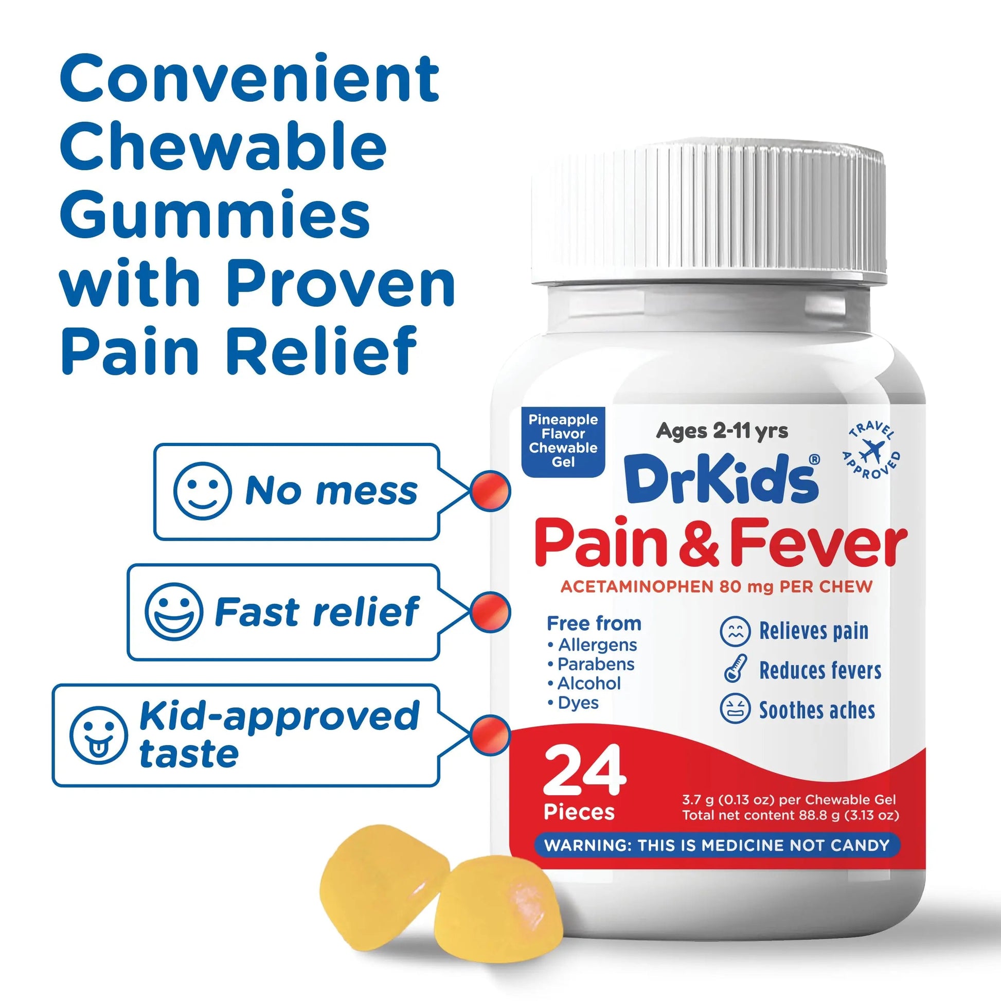 Dr. Kids Children’s Pain and Fever Chewable Gels – Pain Relief and Fever Reducer for Kids Ages 2–11, 80 mg Chewable Acetaminophen for Headache, Sore Throat, Cold & Flu, Pineapple Flavor, 24 Count Dr. Kids buy supplements canada