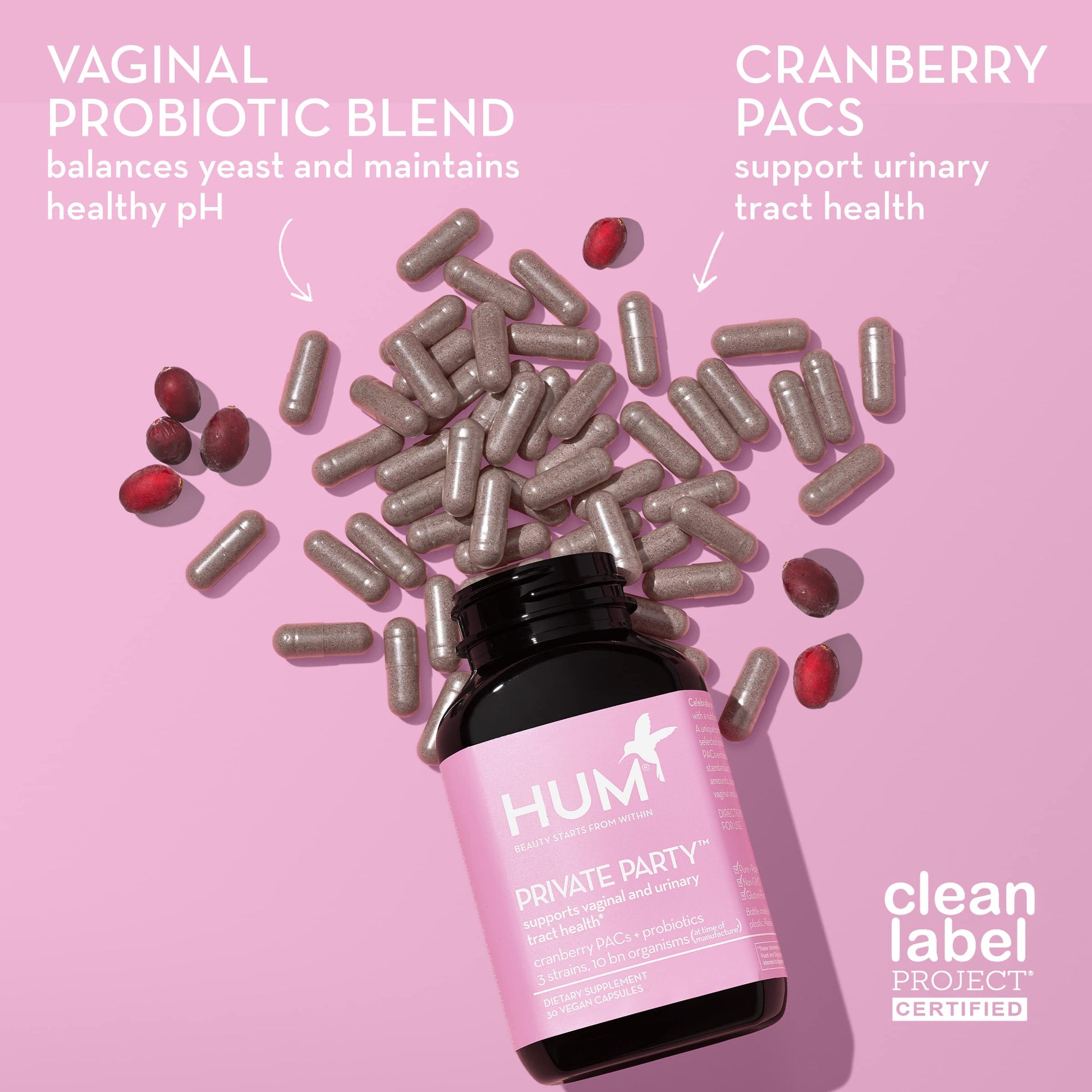 HUM Private Party Vaginal Probiotics for Women, pH Balance and Urinary Tract Support Vaginal Probiotic Supplement with Cranberry & Lactobacillus Blend, Women's Health Cranberry Pills, 90 Capsules HUM buy supplements canada