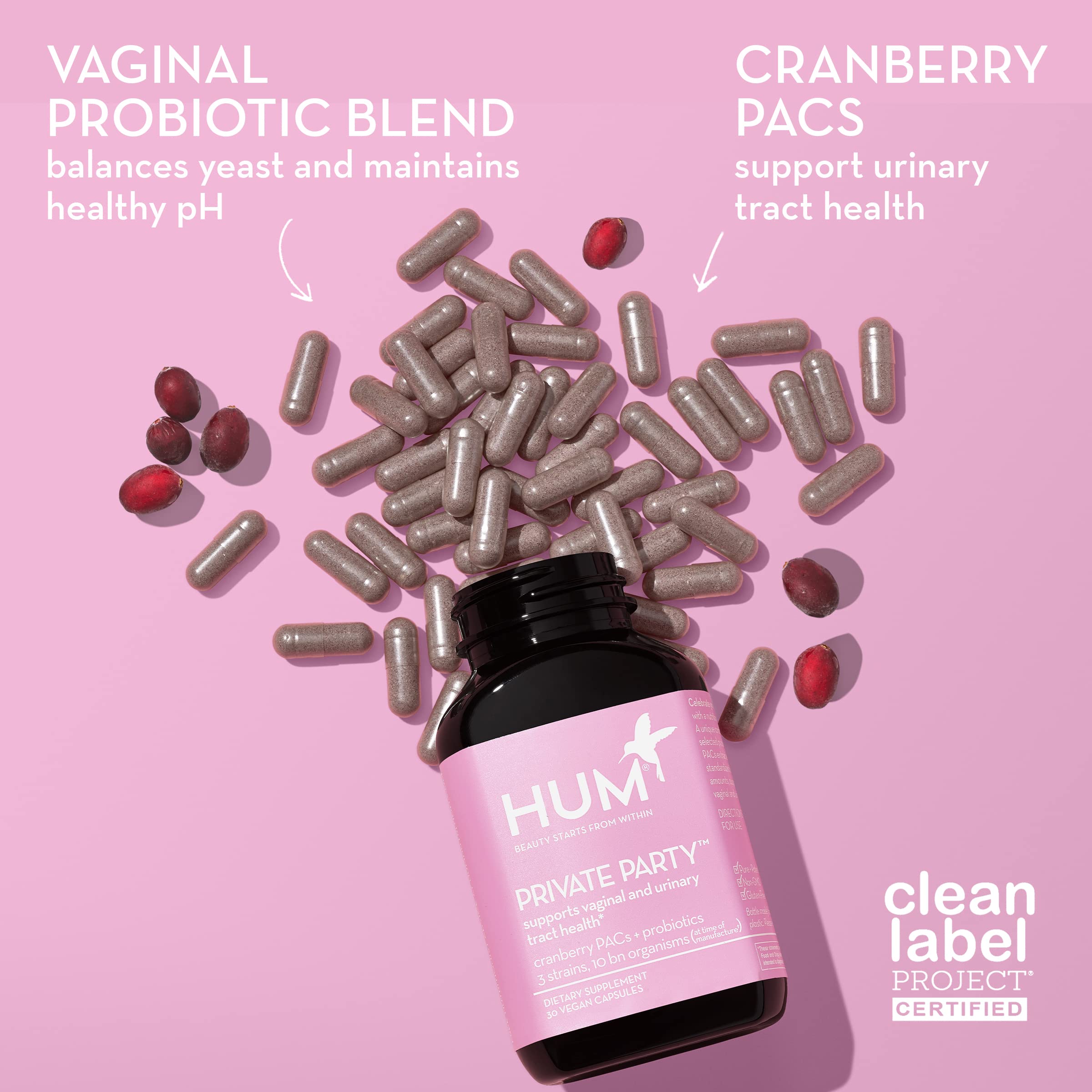 HUM Private Party Vaginal Probiotics for Women, pH Balance and Urinary Tract Support Vaginal Probiotic Supplement with Cranberry & Lactobacillus Blend, Women's Health Cranberry Pills, 90 Capsules HUM buy supplements canada