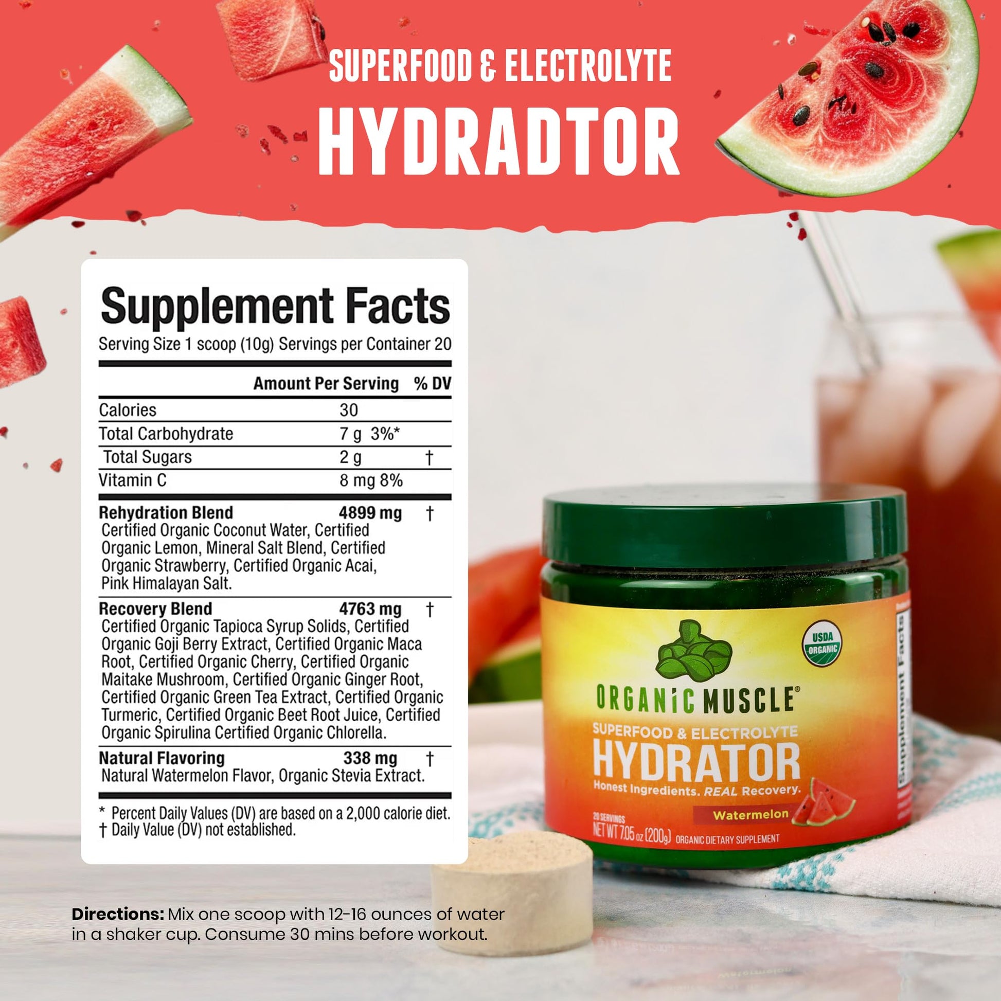 Organic Muscle Hydrator | Natural Electrolyte Powder for Peak Performance & Recovery - Watermelon Flavor, 20 Servings Organic Muscle buy supplements canada