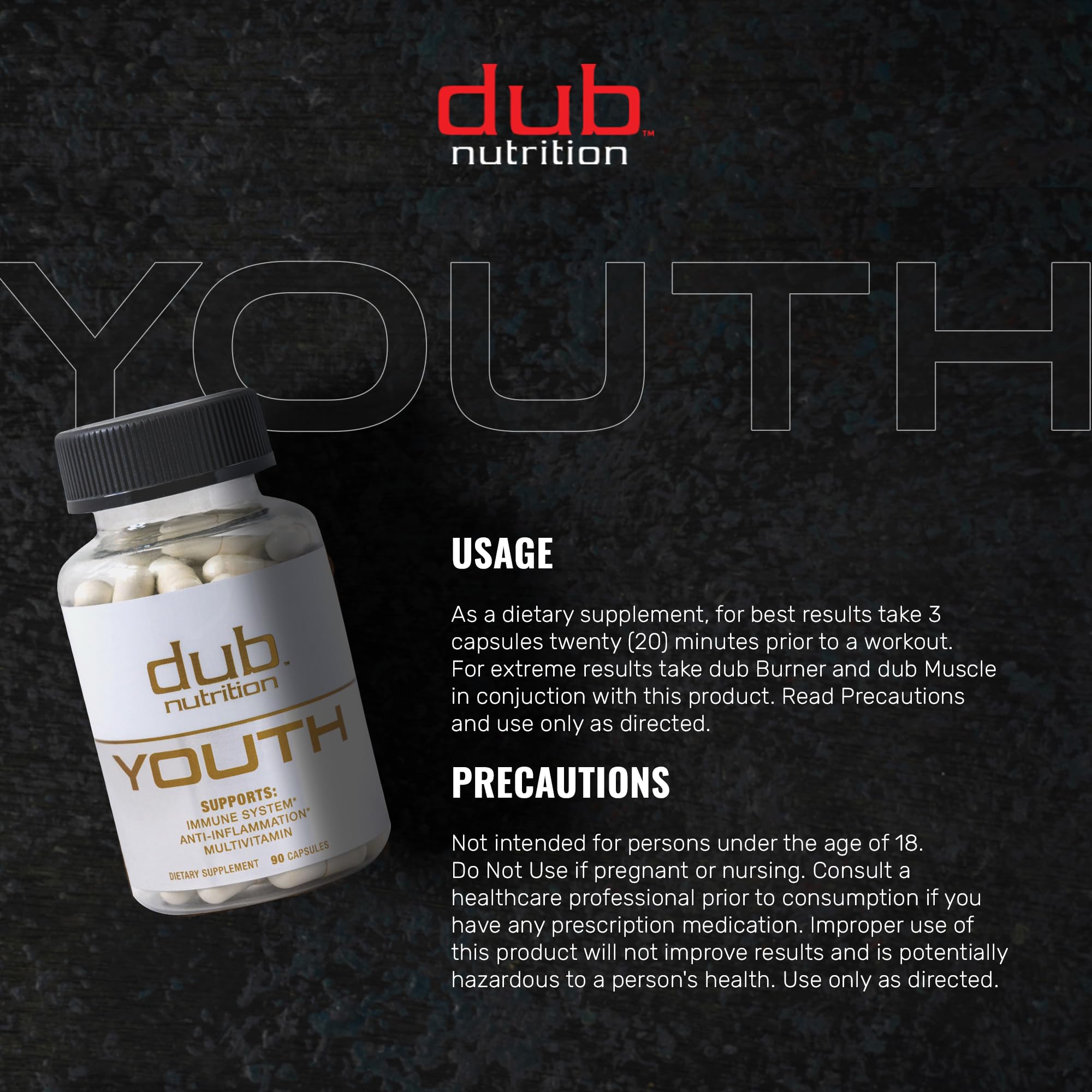Dub Nutrition Youth - Formula with Acai, Resveratrol, Curcumin, Vitamins A, C, D, E, B12, and CoQ10 - Supports Immunity and Mobility - 90 Capsules Dub Nutrition buy supplements canada