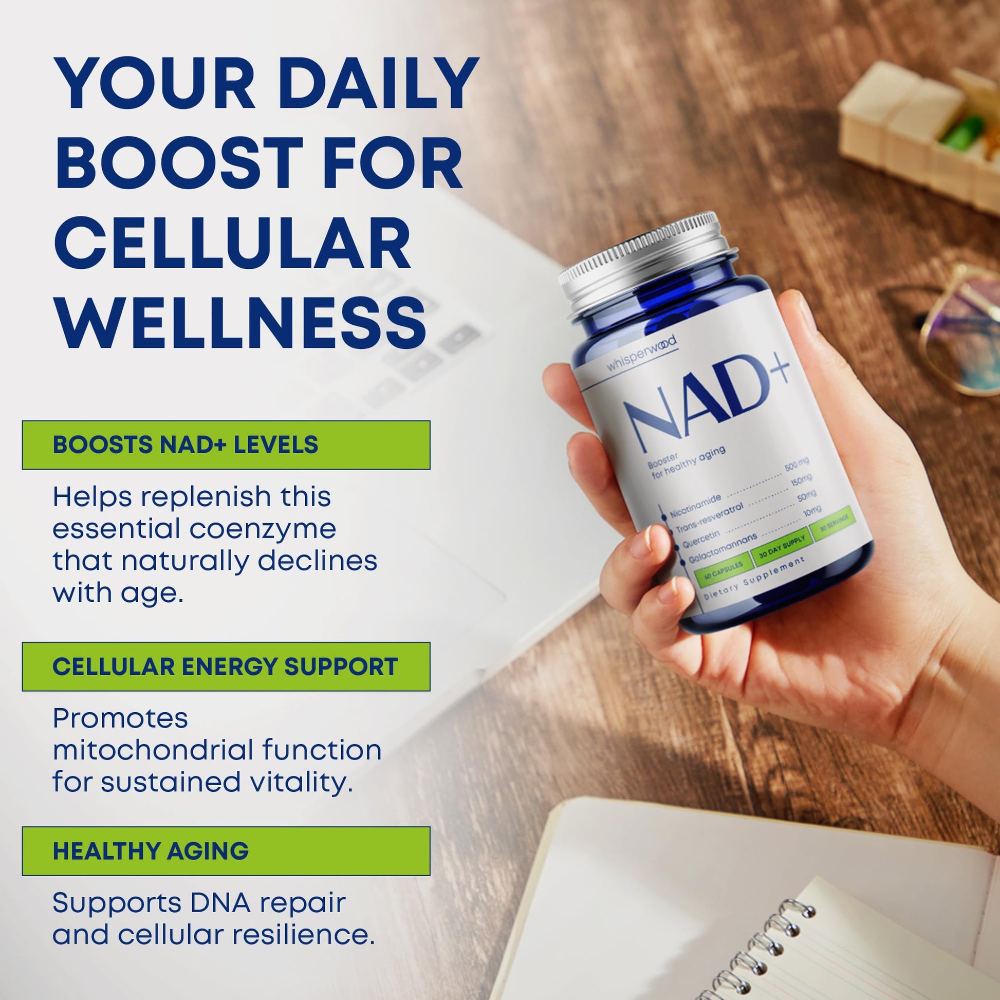 NAD+ Supplement with Nicotinamide Riboside, Trans Resveratrol & Quercetin – NAD Plus Complex for Energy, Brain & Mitochondrial Support – Antioxidant and Longevity Formula for Women & Men – 60 capsules WHISPERWOOD buy supplements canada