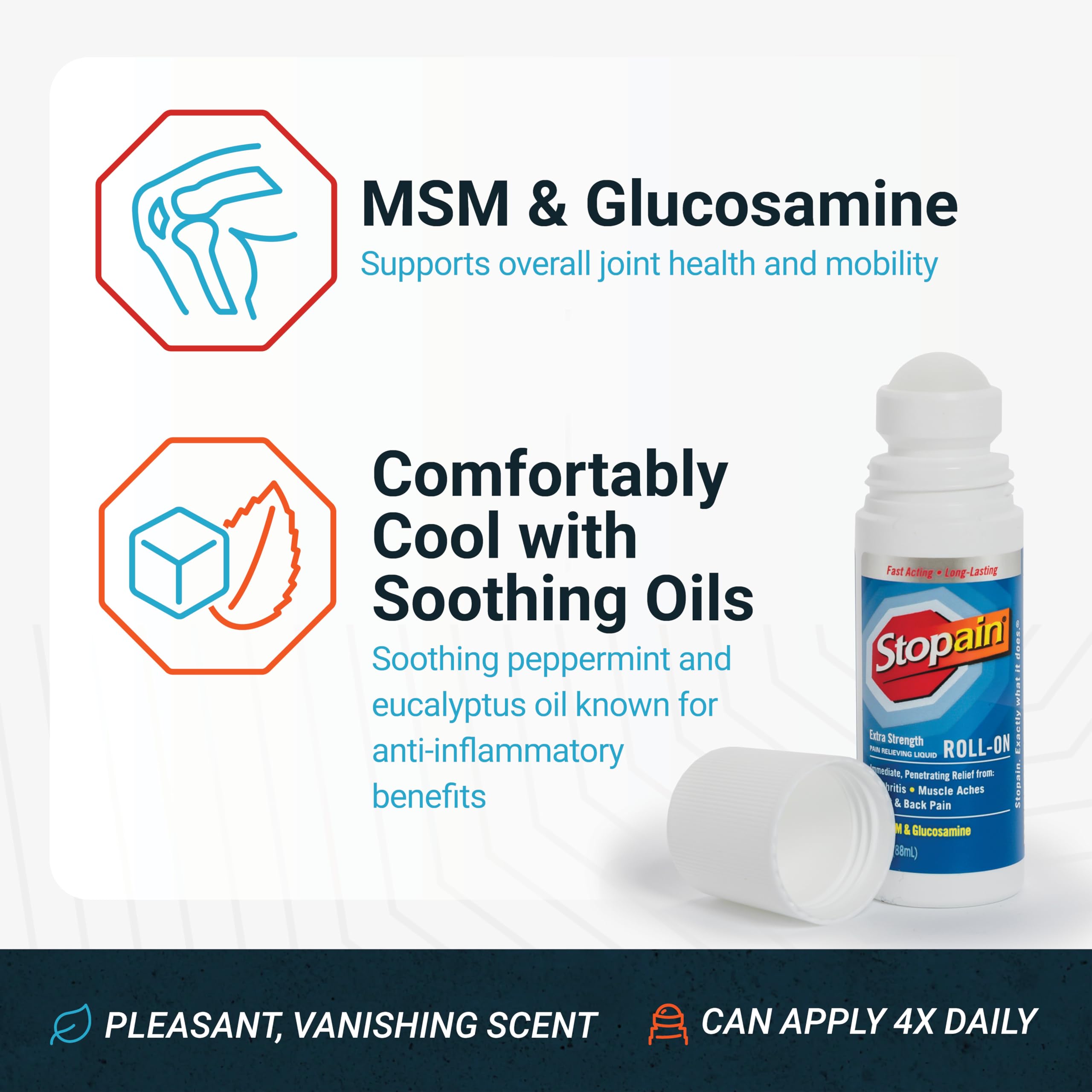 Stopain Pain Relief Roll On Gel 3oz, USA Made, Max Strength Fast Acting with MSM, Glucosamine, Menthol for Arthritis, Lower Back, Knee, Neck, HSA FSA Approved OTC Topical Analgesic Products Stopain buy supplements canada