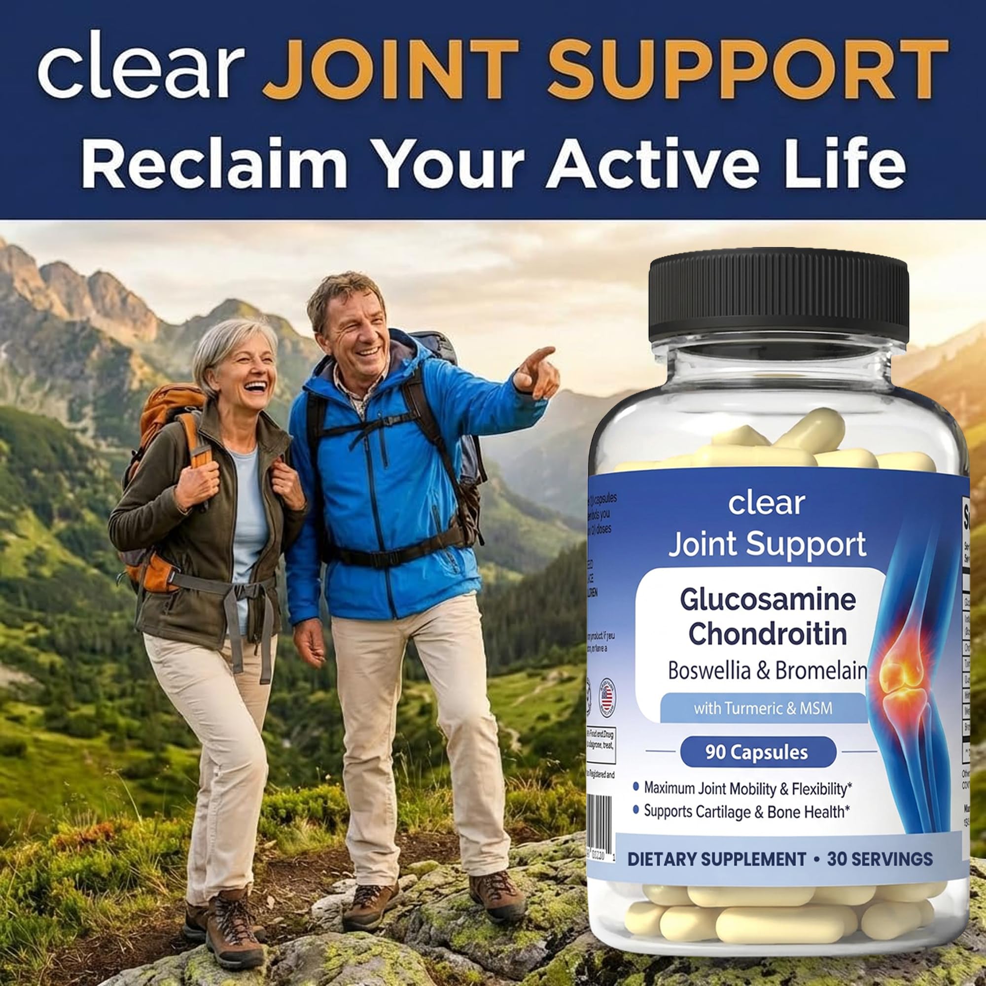 Clear Joint Support - 3-Month Supply | 3-Pack (270 Capsules) | Glucosamine Chondroitin MSM, Turmeric & Boswellia | Supports Knee, Hip & Back Health | Made in USA Clear Probiotics buy supplements canada