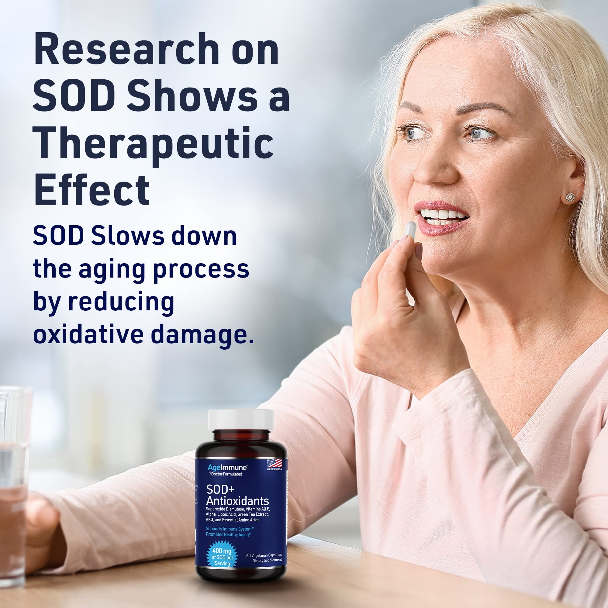 SOD Antioxidants Complex Healthy Aging Supplement - 400mg of Superoxide Dismutase - Alpha Lipoic Acid - L-Arginine -Lysine - AKG - Vitamin A - Vitamin E for Immune Support-60 Capsules AgeImmune buy supplements canada