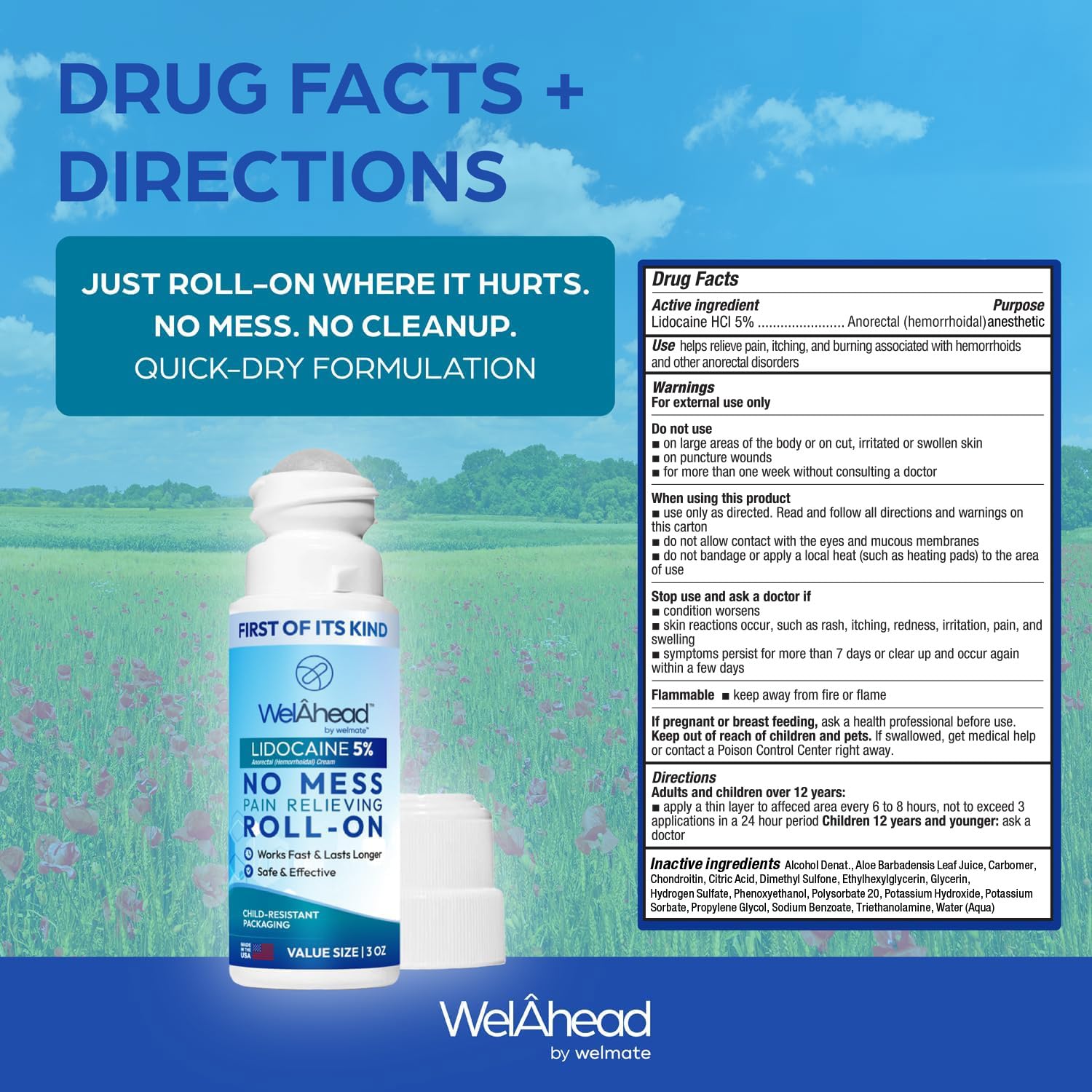WELMATE - 5% Lidocaine Roll-On (3 oz Value Size) - No Mess Targeted Relief - Topical Anesthetic - Hemorrhoid Relief - Aloe Vera - Fast Acting & Long Lasting - Over-The-Counter Medication - First Aid WELMATE buy supplements canada