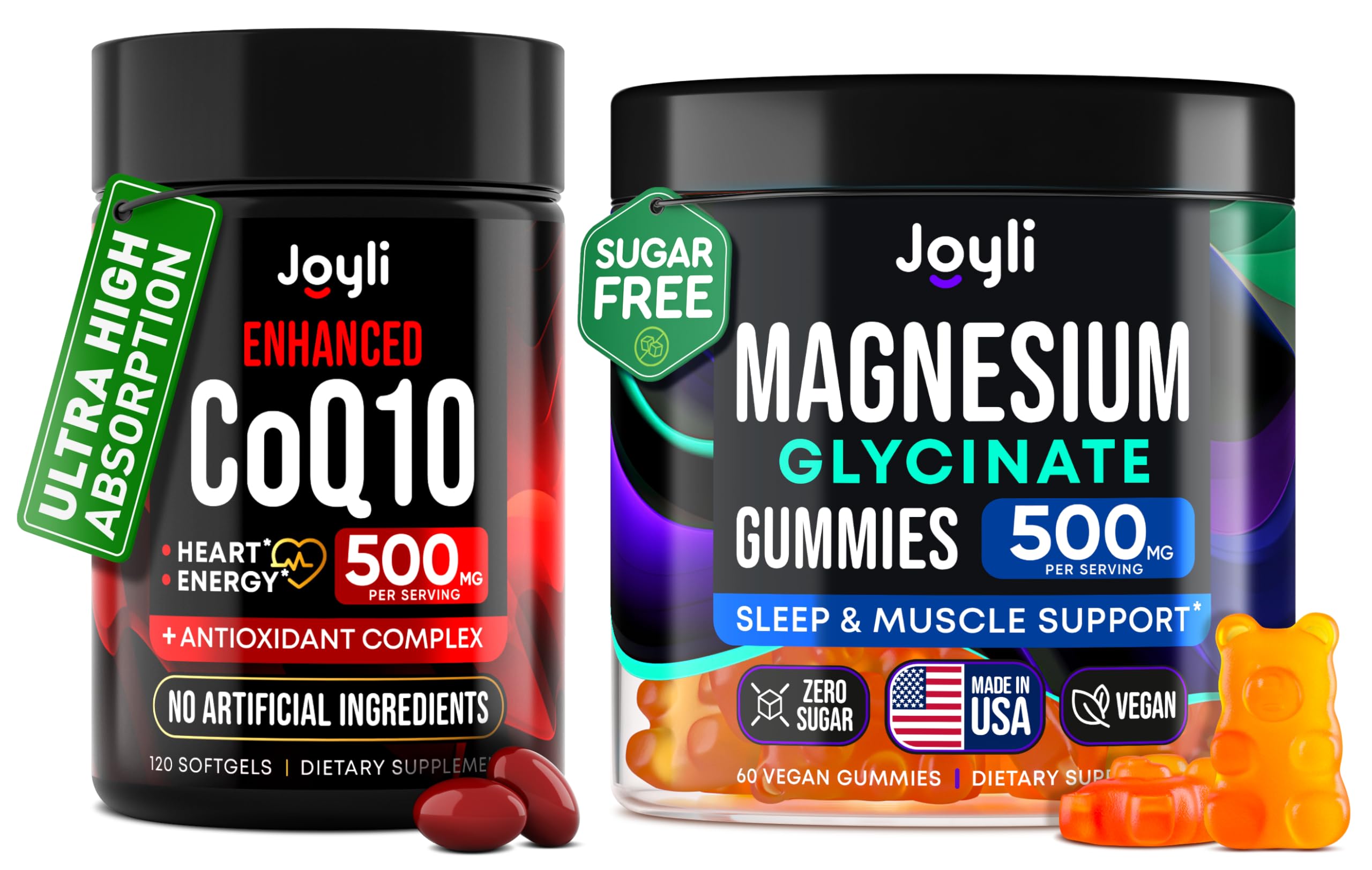 CoQ10 500mg + Magnesium Glycinate Gummies Bundle – High Absorption Coenzyme Q10 120 Softgels & 60 Sugar-Free Sleep Gummies – Heart, Energy & Mood Support – Enhanced Formula, USA Made JOYLI Nutrition buy supplements canada