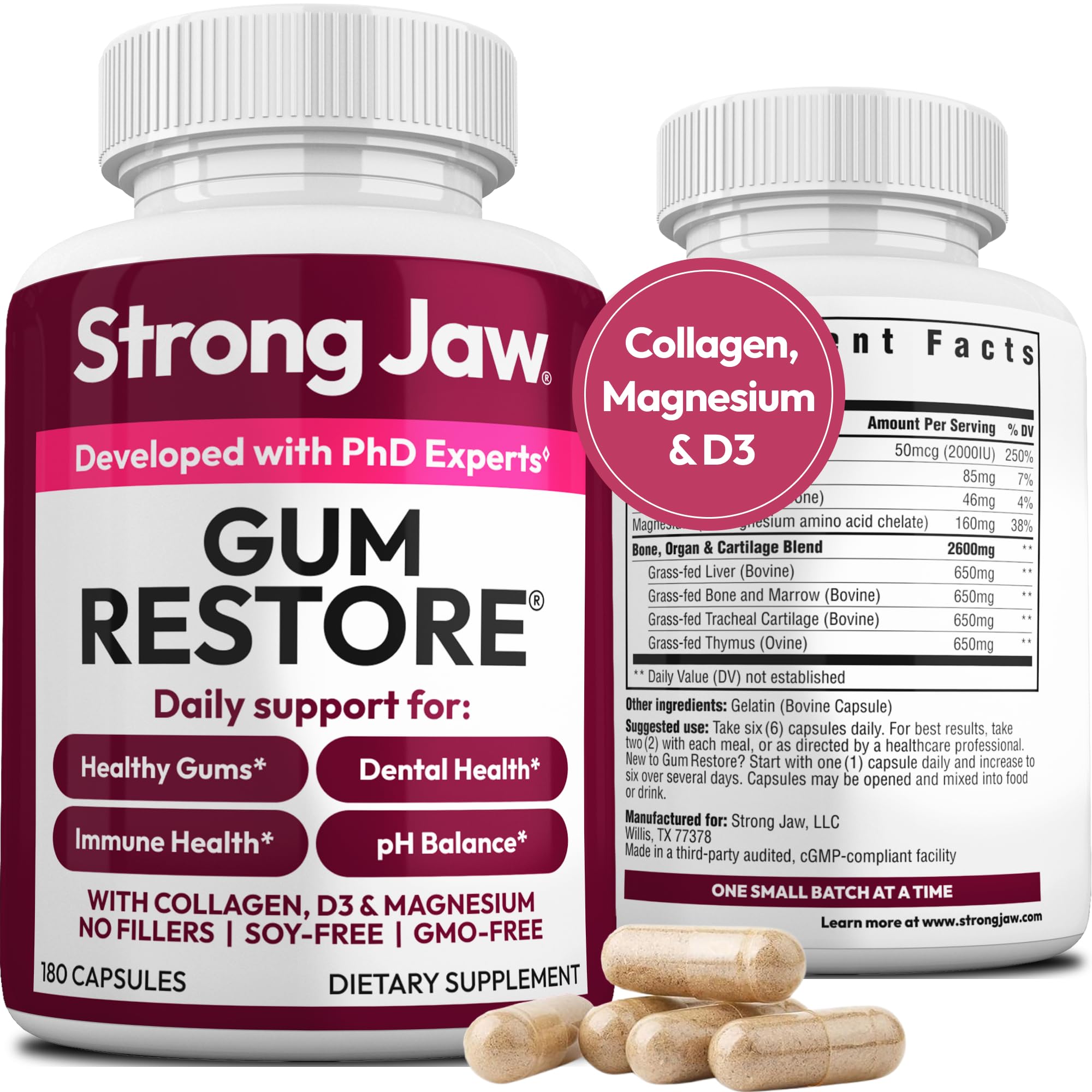 Strong Jaw Gum Restore - Gum Repair for Receding Gums | Teeth Magnesium Supplements, Oral Care, Remineralizing Dental Health Vitamins for Adults | 1 Month Supply, 180 Capsules, Made in USA Strong Jaw buy supplements canada