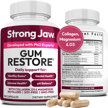Strong Jaw Gum Restore - Gum Repair for Receding Gums | Teeth Magnesium Supplements, Oral Care, Remineralizing Dental Health Vitamins for Adults | 1 Month Supply, 180 Capsules, Made in USA Strong Jaw buy supplements canada