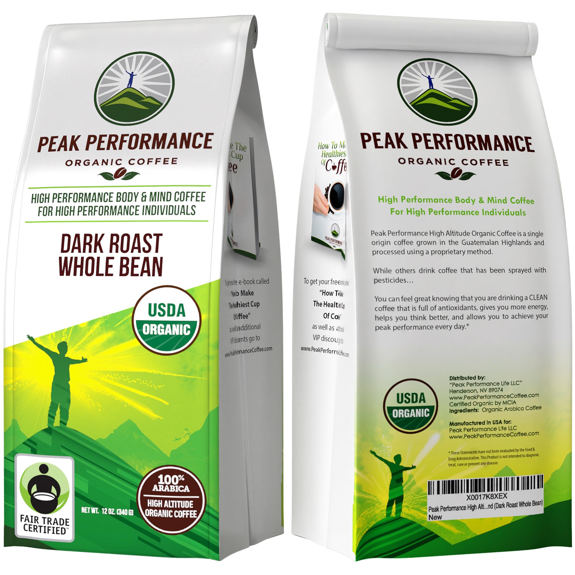 Peak Performance High Altitude Organic Coffee - Fair Trade, Low Acid, Non GMO, and Beans Full of Antioxidants - Dark Roast Smooth Tasting USDA Certified Organic Whole Bean Coffee Bag 12 oz Peak Performance buy supplements canada