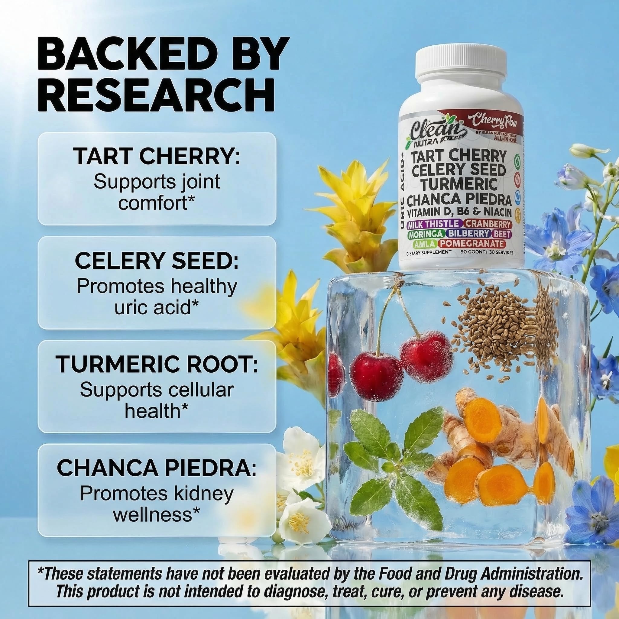 Cherry Flow Tart Cherry Capsules Uric Acid Support Celery Seed Turmeric Chanca Piedra Vitamin D Vitamin B6 Niacin Milk Thistle Moringa Extract Pomegranate Beets 90 Count By Clean Nutra Clean Nutraceuticals buy supplements canada