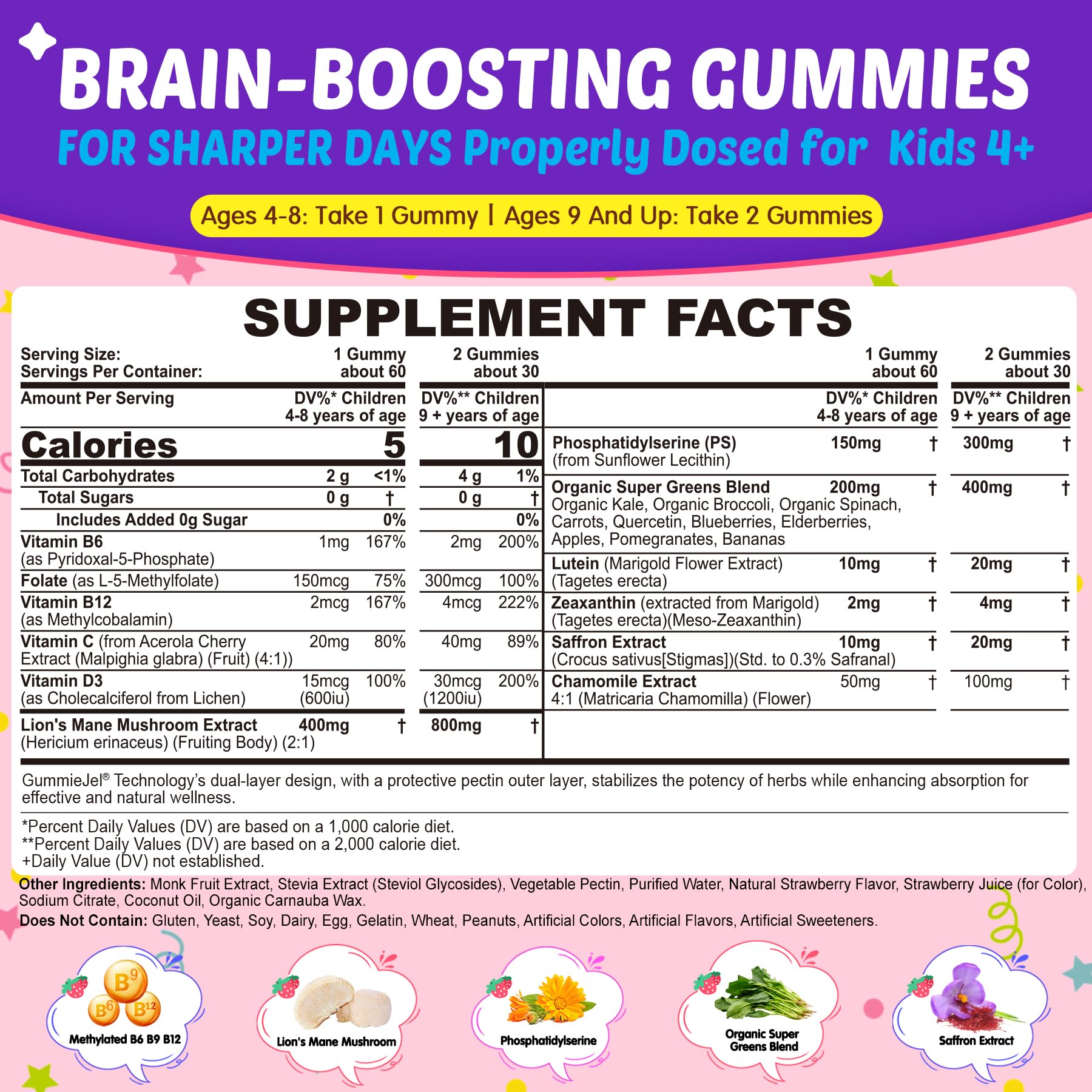 Kids Brain Gummies with Lion's Mane Mushroom, Methyl B6, B9, B12, Supper Greens, Lutein, Brain Booster Supplement for Focus & Attention, Cognitive Function, Vision & Energy, Sugar Free, Vegan 2 Pack Nextdia buy supplements canada