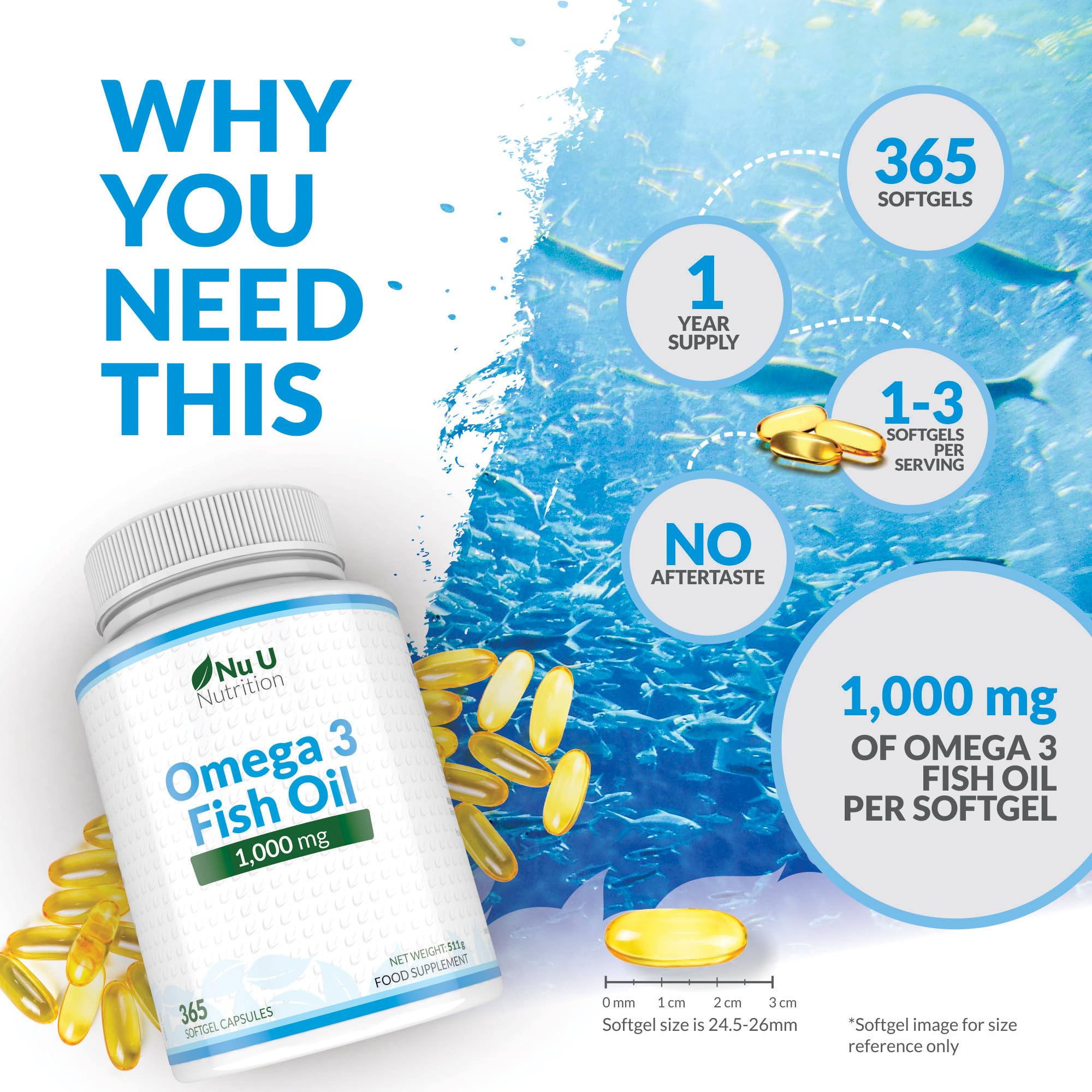 Omega 3 Fish Oil 1000mg - 365 Softgel Capsules - Up to 12 Month’s Supply - Pure Fish Oil Nu U Nutrition buy supplements canada