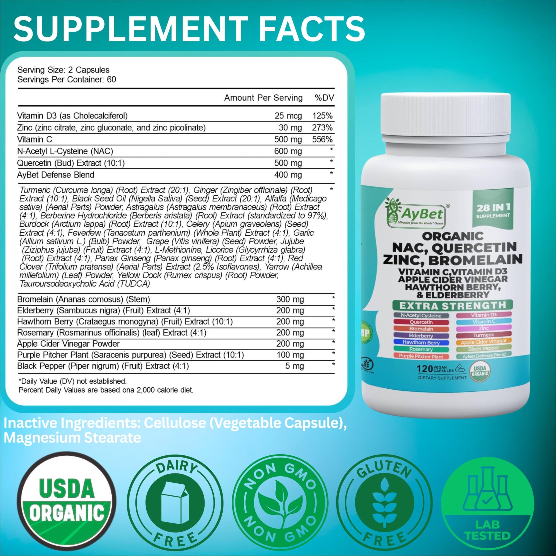 NAC-n-acetyl cysteine- Quercetin Zinc Bromelain Supplement | Extra Strength with Vit C, D3, Apple Cider Vinegar, Elderberry, Hawthorn Berry, Turmeric | Immune Support|120 Vegan Capsules | USDA Organic AyBet buy supplements canada