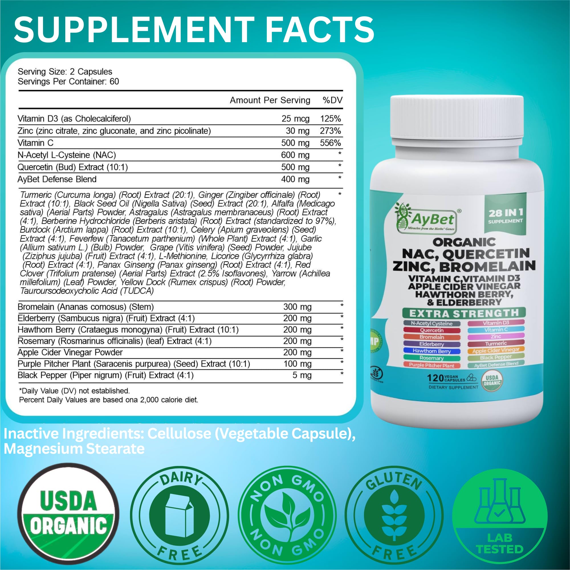 NAC-n-acetyl cysteine- Quercetin Zinc Bromelain Supplement | Extra Strength with Vit C, D3, Apple Cider Vinegar, Elderberry, Hawthorn Berry, Turmeric | Immune Support|120 Vegan Capsules | USDA Organic AyBet buy supplements canada