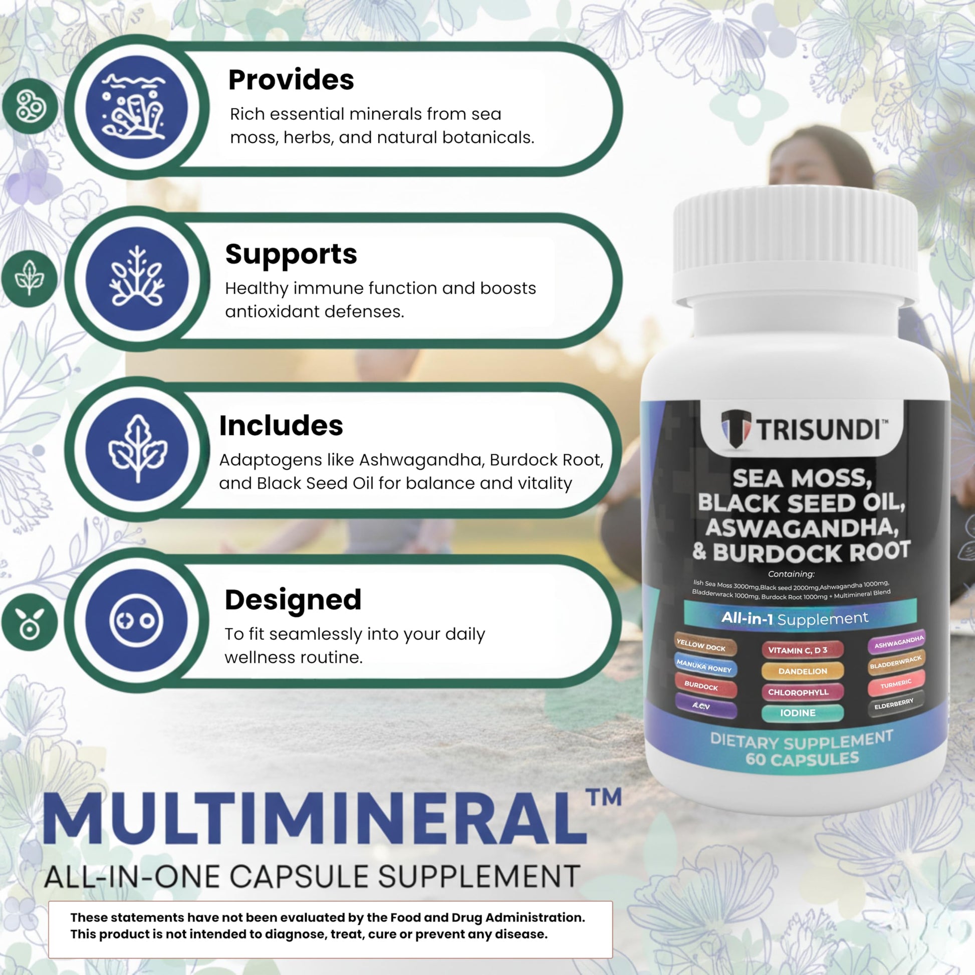 Trisundi Sea Moss Complex with Black Seed Oil, Ashwagandha & Burdock Root – All-in-One Herbal Supplement with Vitamins & Minerals – 60 Capsules Trisundi buy supplements canada