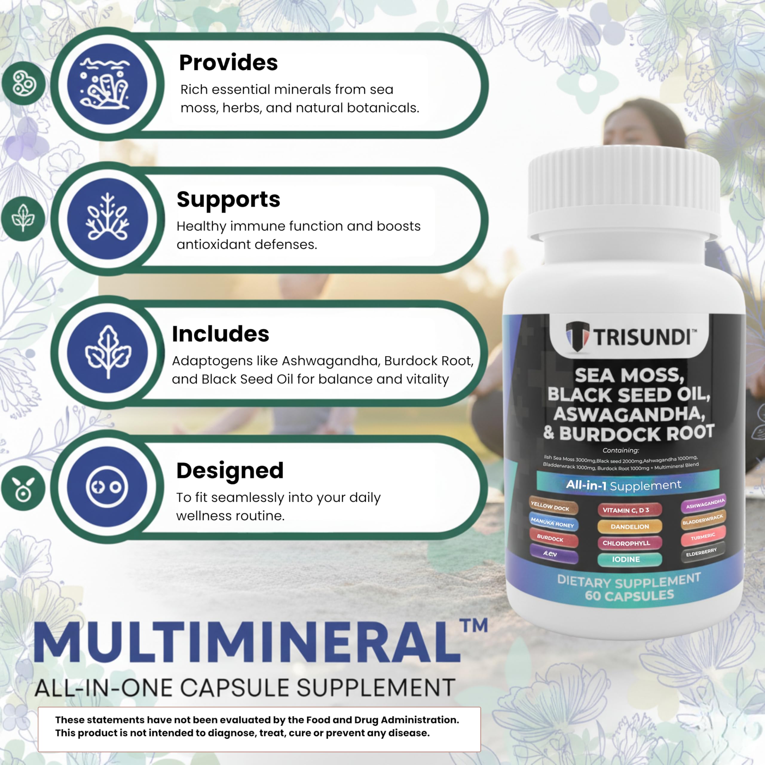 Trisundi Sea Moss Complex with Black Seed Oil, Ashwagandha & Burdock Root – All-in-One Herbal Supplement with Vitamins & Minerals – 60 Capsules Trisundi buy supplements canada