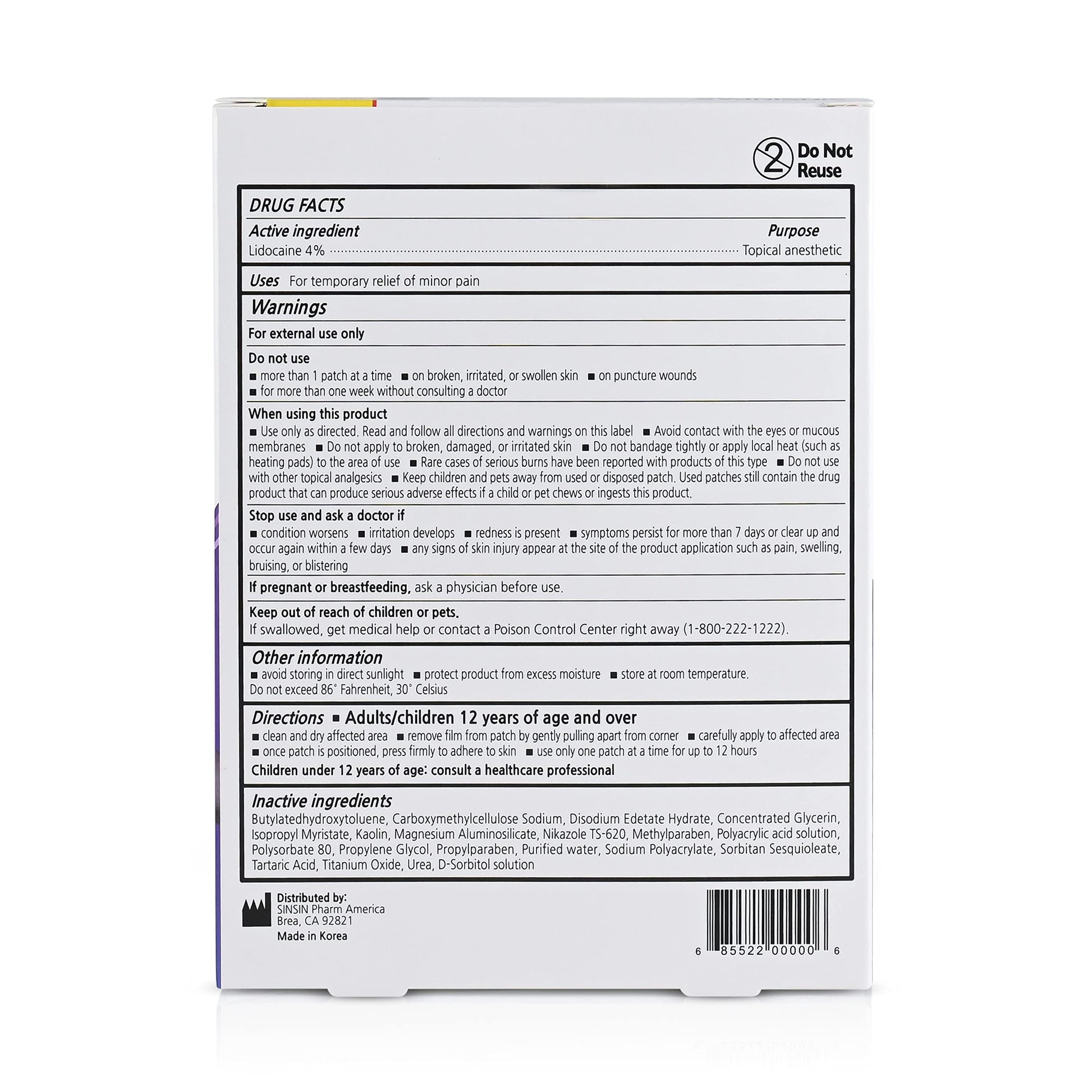 SINSINPAS Lidocaine 4% Pain Relieving Patch (1 Pack (5 Patches Total)) SINSINPAS buy supplements canada
