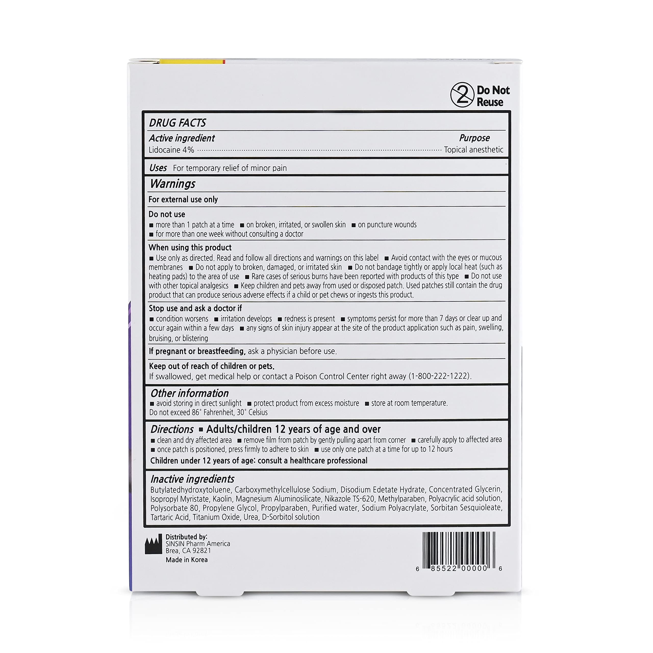 SINSINPAS Lidocaine 4% Pain Relieving Patch (1 Pack (5 Patches Total)) SINSINPAS buy supplements canada