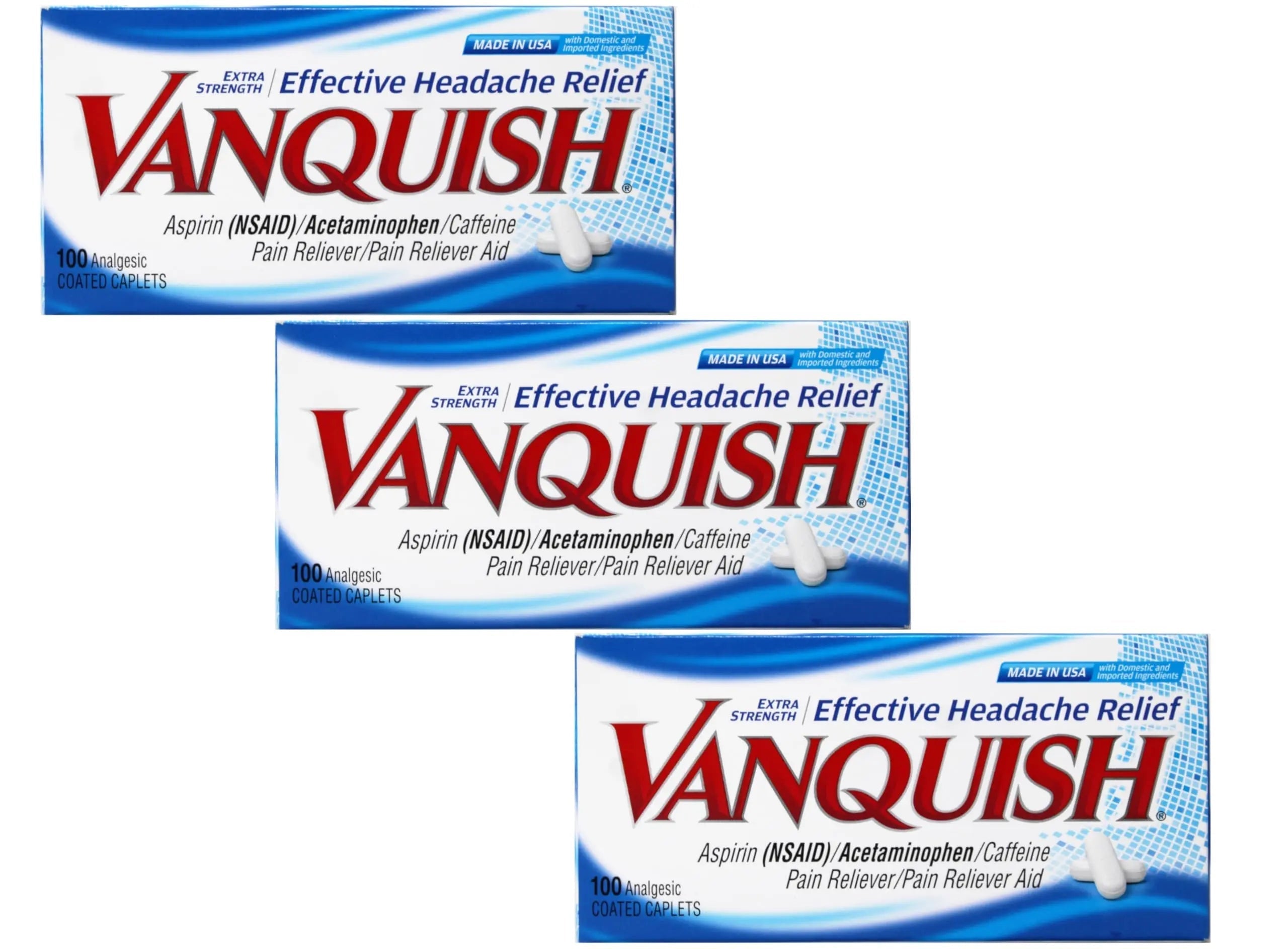 Vanquish Effective Headache Relief – Aspirin (NSAID), Acetaminophen, Caffeine, 100 Analgesic Coated Caplets - 3 Pack Vanquish buy supplements canada