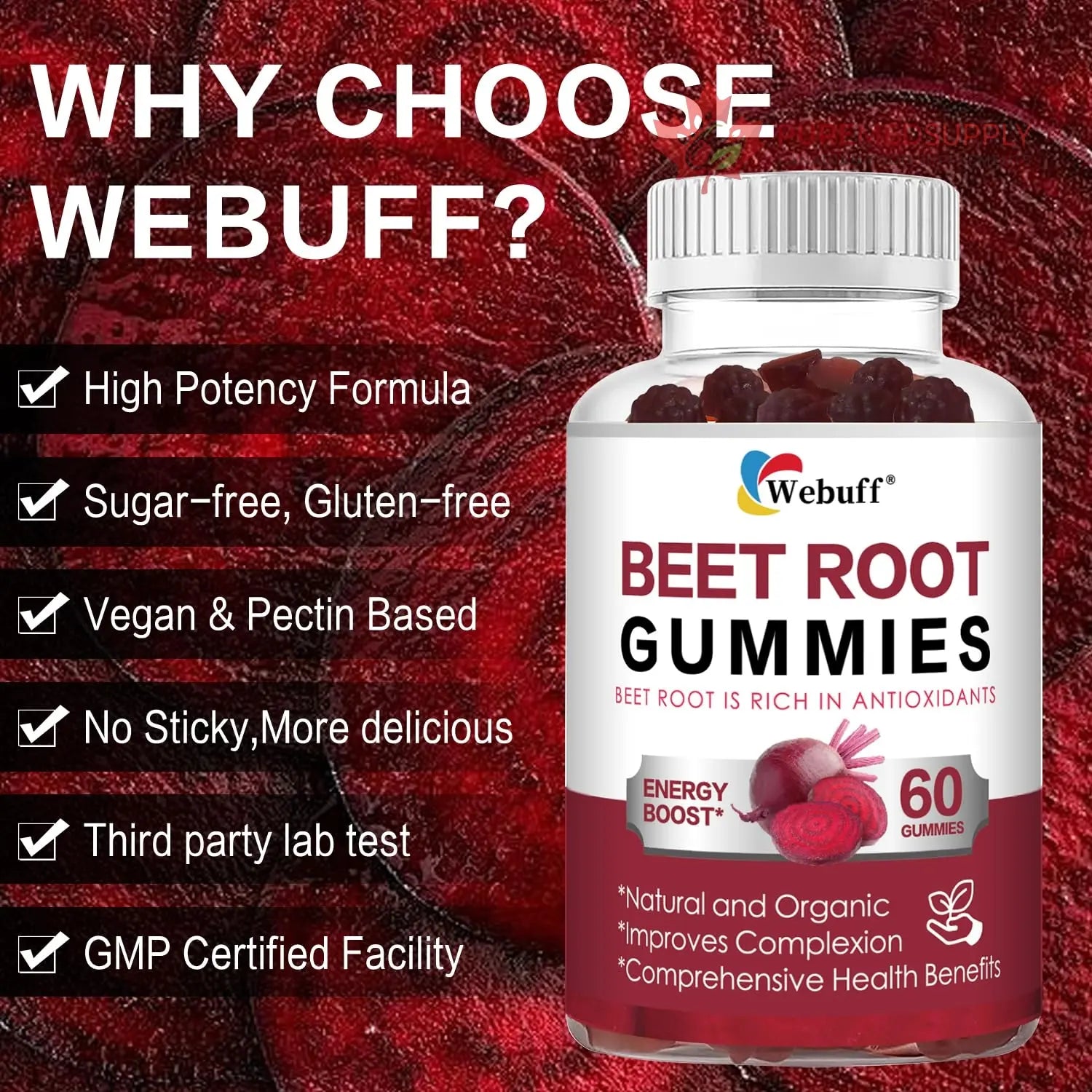 Webuff Beet Root Gummies - Nitric Oxide Booster with Organic Beet, Pomegranate & Grape Seed, Vitamin B12 - Energy, Circulation & Heart Health Support, Vegan, Non-GMO, 60 Count (Pack of 1) Webuff buy supplements canada
