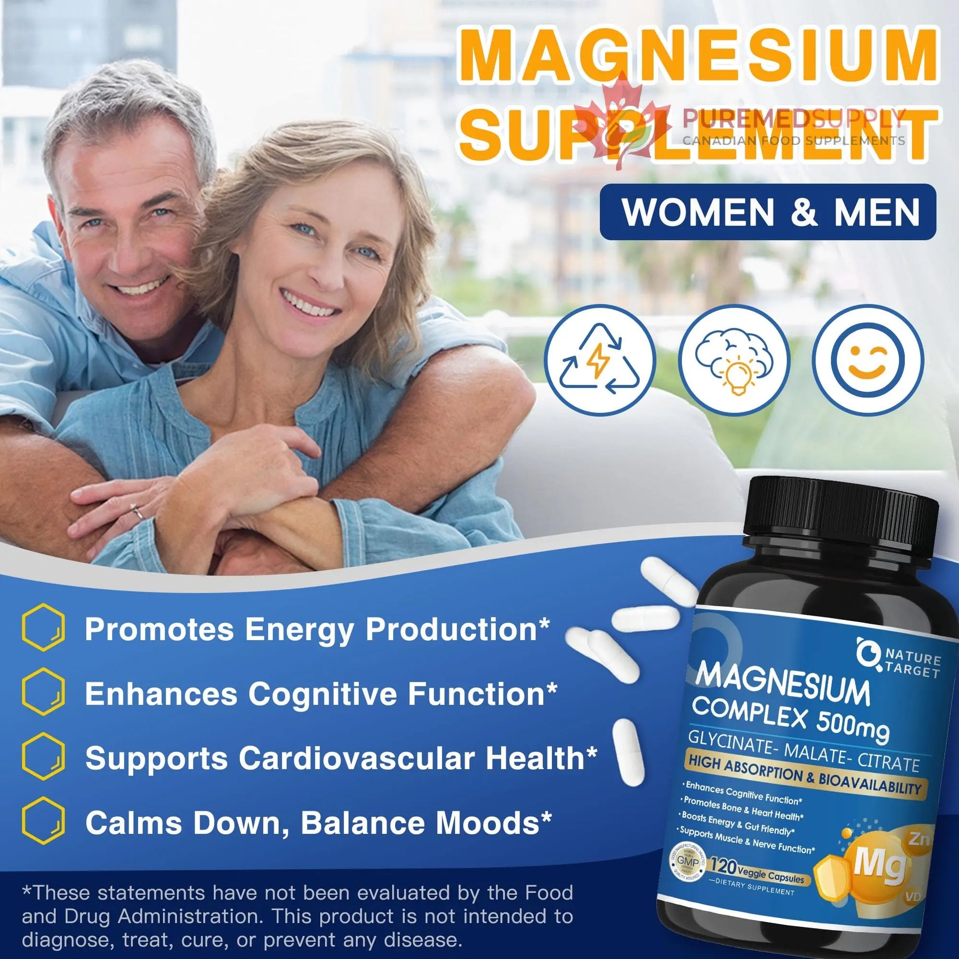 Magnesium Complex 500mg, Magnesium Glycinate, Malate & Citrate - High Absorption Chelated Triple Magnesium Supplement with Zinc, Vitamin D3 for Muscle, Nerve, Bone & Immune Support, Vegan 120 Capsules NATURE TARGET buy supplements canada