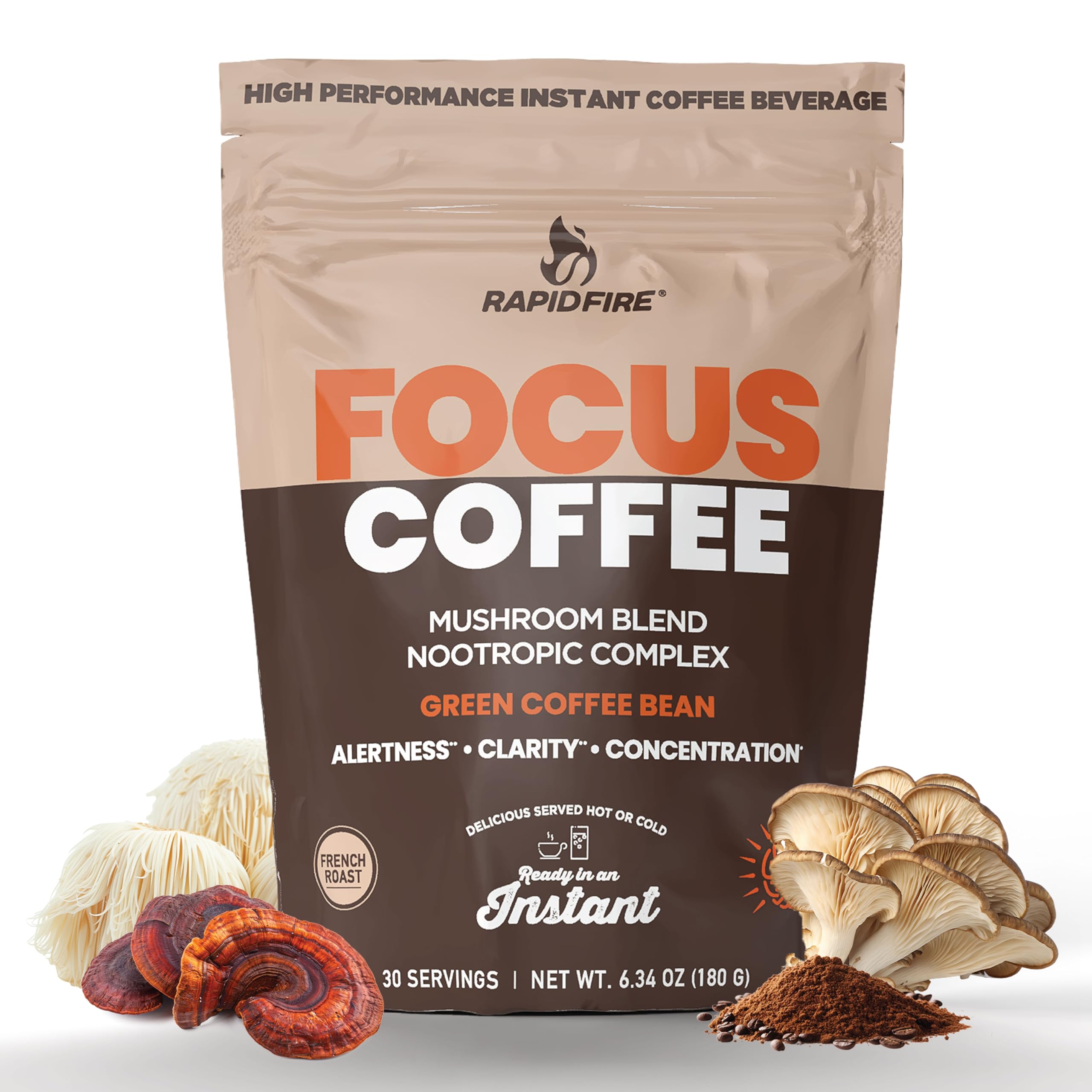 Focus Coffee Mushroom Blend, Nootropic Complex Coffee, Supports Alertness and Clarity, (Lion’s Mane, Cordyceps, Turkey Tail) Green Coffee Bean Instant Coffee for Focus & Gut Health, 30 Servings Rapid Fire buy supplements canada