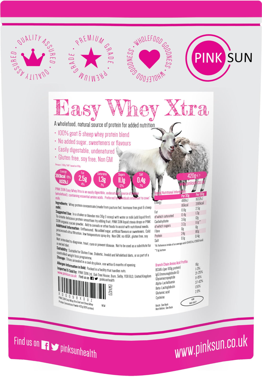 PINK SUN Goat Sheep Whey Protein Powder 420g (80% Protein) Pure Unflavoured Concentrate PINK SUN buy supplements canada