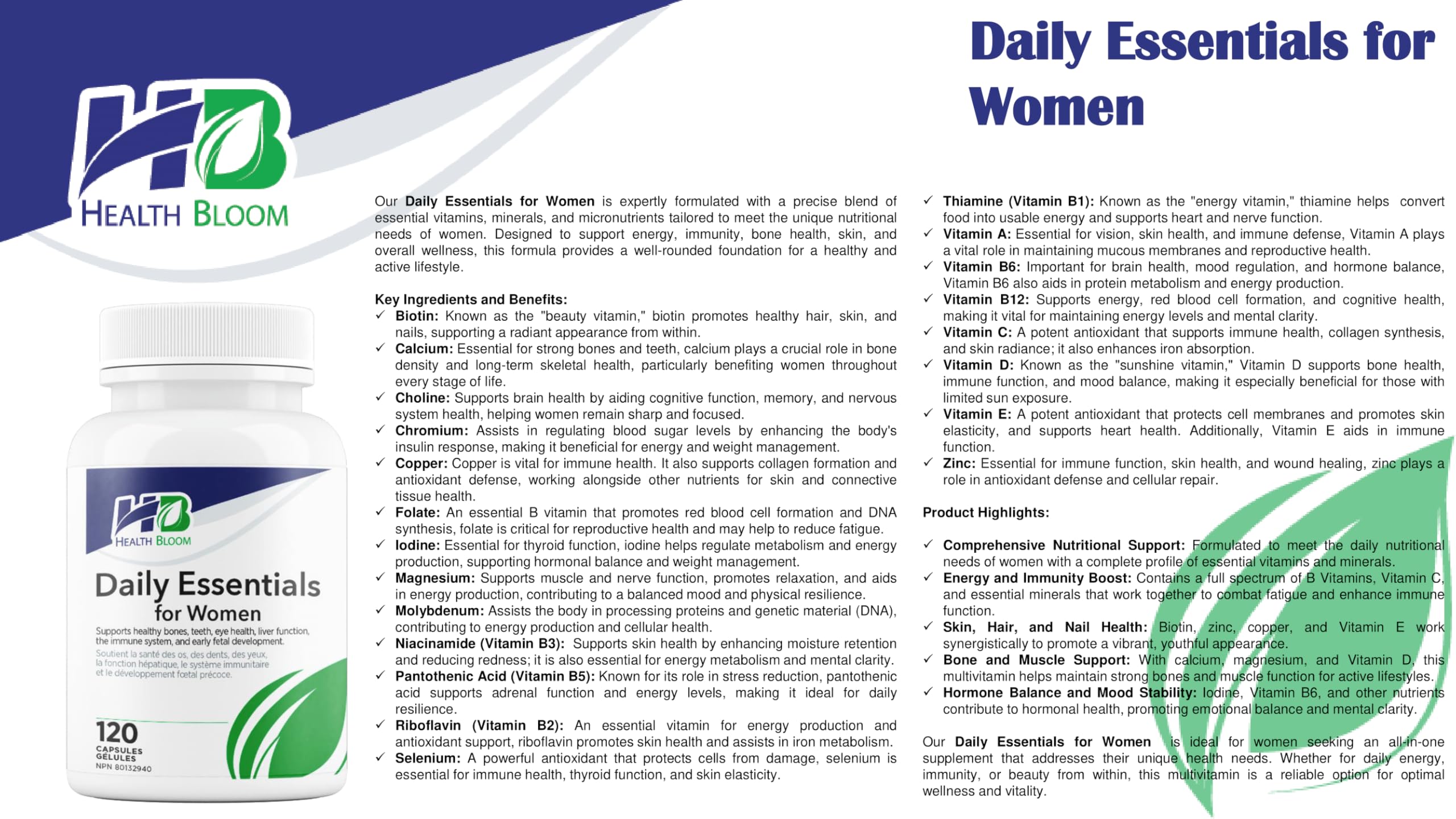 Daily Essentials for Women| 120 Capsules | Health Bloom | Vitamins and Minerals Capsules | Health Bloom Inc. buy supplements canada