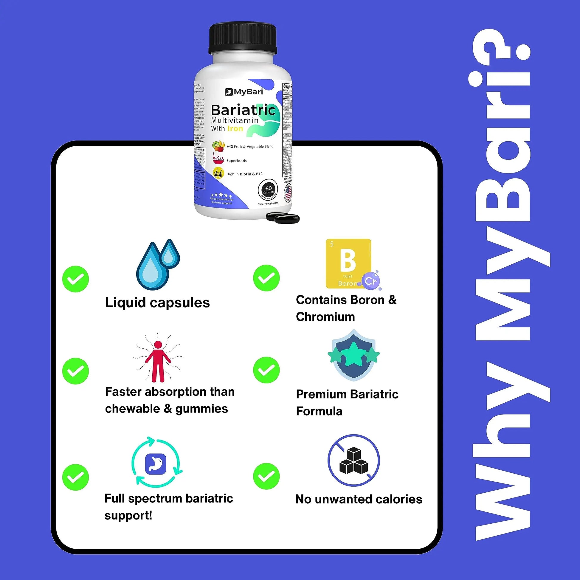 MyBari All-in-One Bariatric Multivitamin with Iron - Made in USA - for Men & Women - Supports Gastric Sleeve & Bypass with 42+ Fruit & Veggie Blend - 60 Liquid Capsules MyBari buy supplements canada