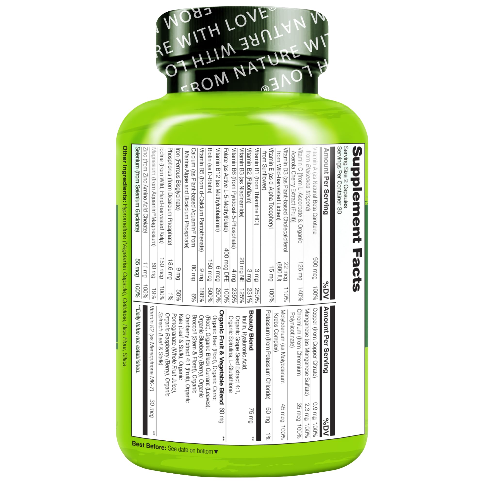 NATURELO Whole Food Multivitamin with Extra Hair, Skin and Nails Support - Beauty Blend with Hyaluronic Acid & Grape Seed - High Potency Biotin, Vitamin C NATURELO buy supplements canada