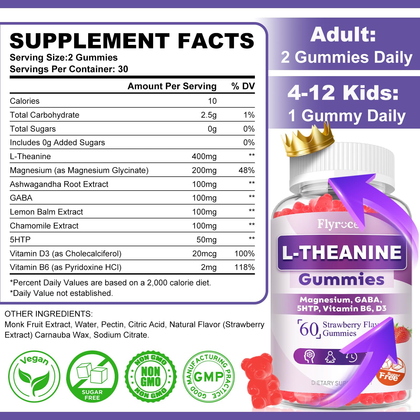 Flyrocer 2 Pack L-Theanine Gummies, L Theanine Supplement for Adults & Kids, L'Theanine with Ashwagandha, Magnesium, 5HTP & GABA - Support Calm, Relax, zzZ, Focus, Vegan Strawberry Flavor, 120 Count Flyrocer buy supplements canada