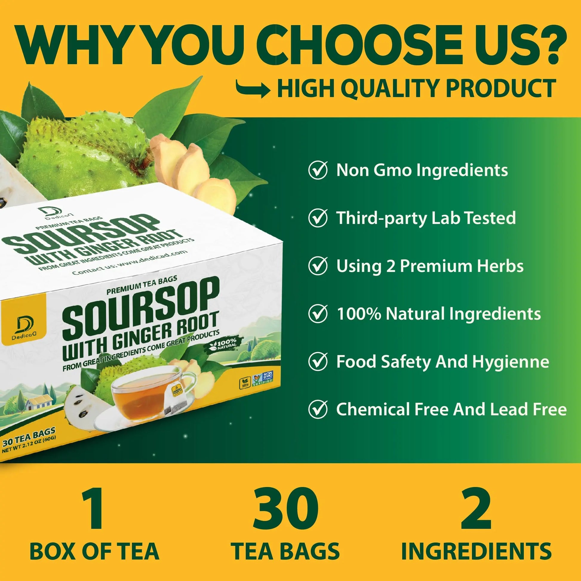 DEDICAD Soursop Leaves Tea Bags with Ginger, 30 Tea bags, 2gr/bag - Non-GMO/Caffeine free - Support Digestion, Well Skin, Immune System DEDICAD buy supplements canada