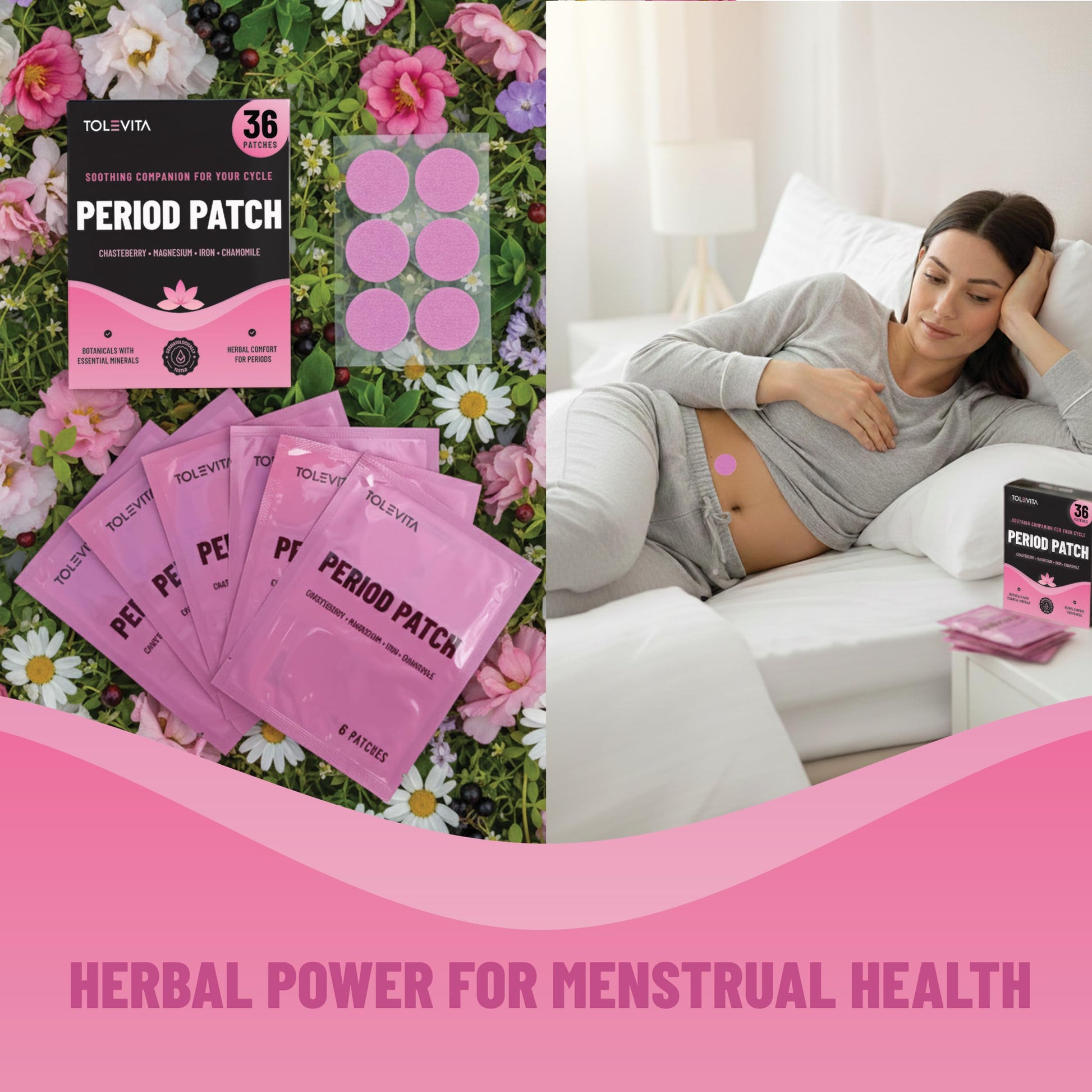 TOLEVITA Period Relief Patches 36 Pcs – Herbal Cramp Support with Chasteberry, Magnesium, Evening Primrose, Dong Quai, Curcumin, Vitamins B6 & E, Iron, Chamomile – Hormonal Balance & Menstrual Comfort TOLEVITA buy supplements canada
