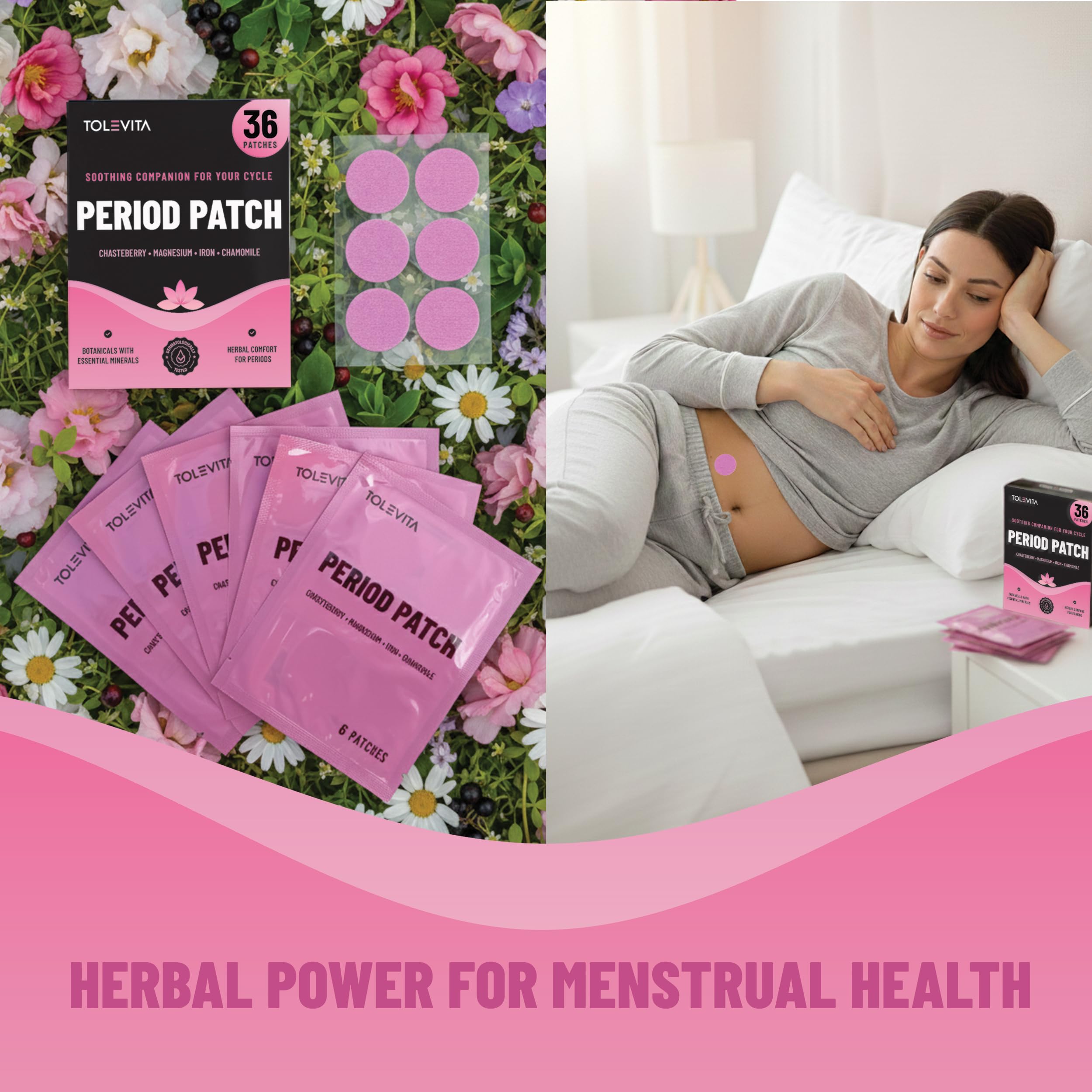 TOLEVITA Period Relief Patches 36 Pcs – Herbal Cramp Support with Chasteberry, Magnesium, Evening Primrose, Dong Quai, Curcumin, Vitamins B6 & E, Iron, Chamomile – Hormonal Balance & Menstrual Comfort TOLEVITA buy supplements canada