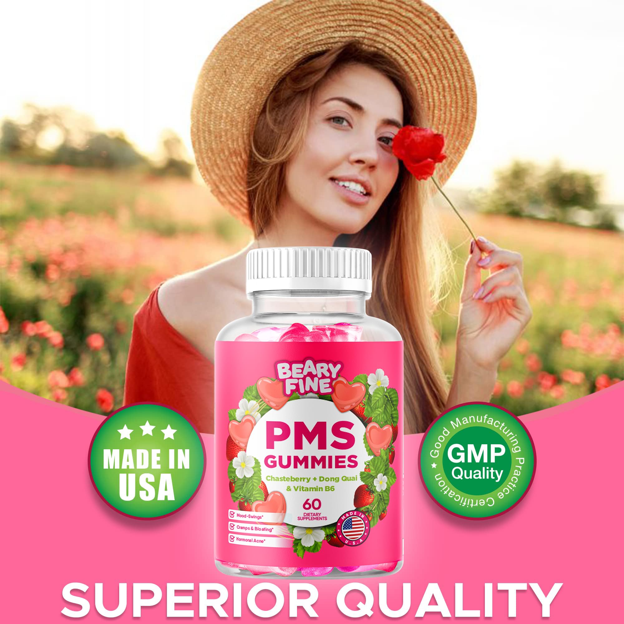Beary Fine PMS Gummies - PMS Vitamins for Women & Teens - PMS Period Relief - Cramping, Bloating, Mood Swings - Made in The USA (Strawberry, 60 Count) Beary Fine buy supplements canada