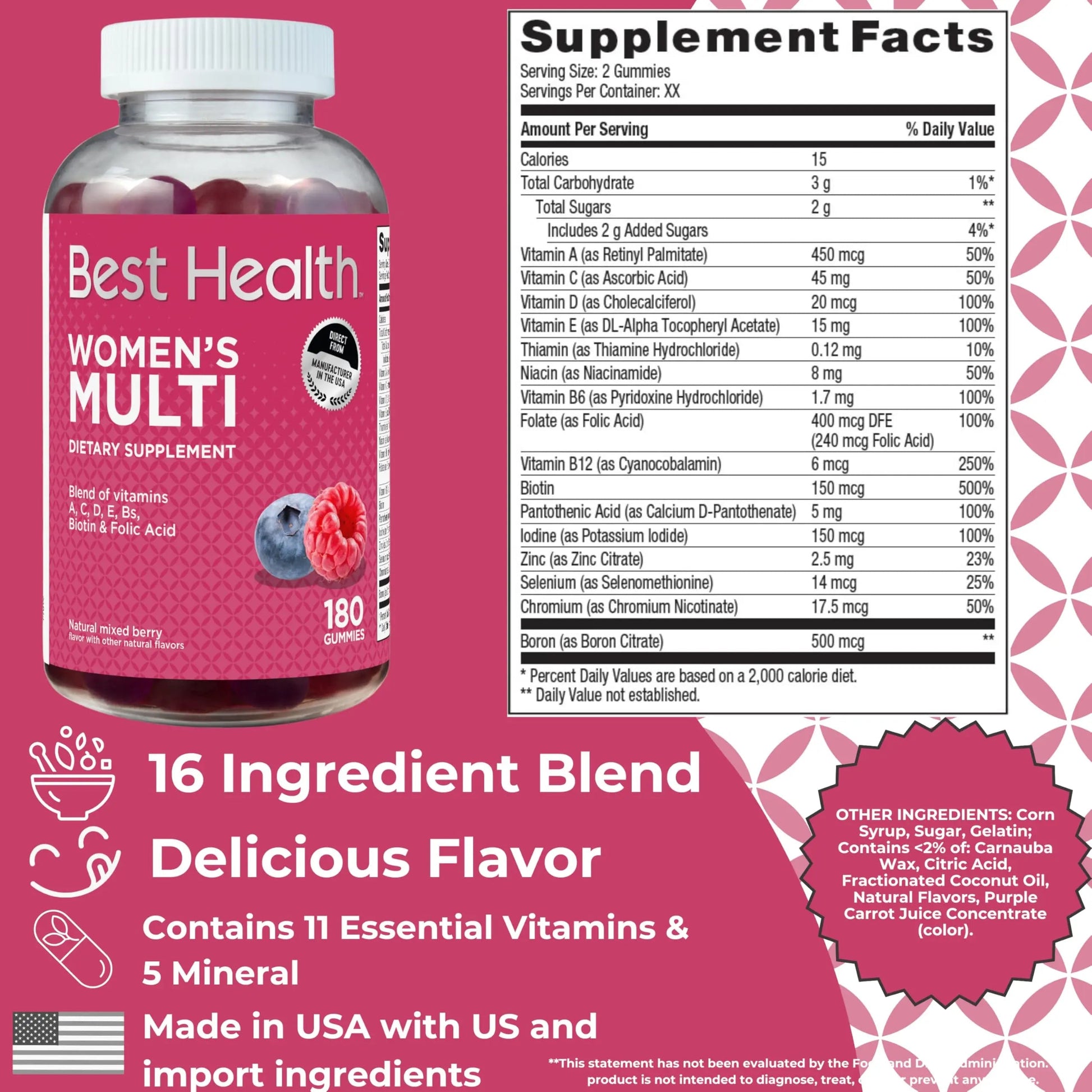 Best Health Women’s Multivitamin Gummies, Multivitamin for Women with Biotin, Folic Acid, Vitamins A,C,D,E,Natural Mixed Berry Flavor (180ct) Best Health buy supplements canada