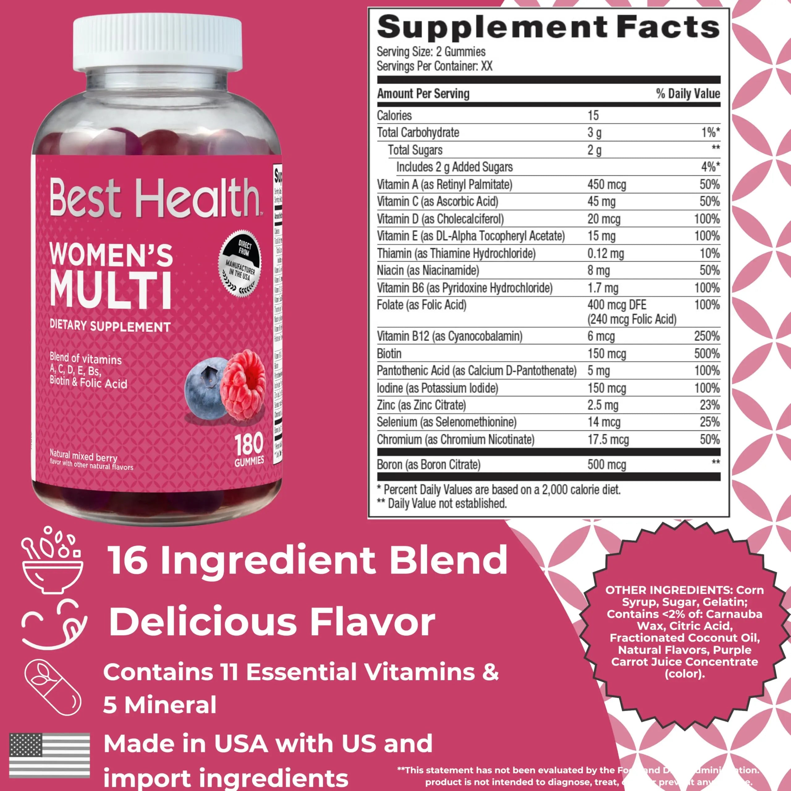 Best Health Women’s Multivitamin Gummies, Multivitamin for Women with Biotin, Folic Acid, Vitamins A,C,D,E,Natural Mixed Berry Flavor (180ct) Best Health buy supplements canada