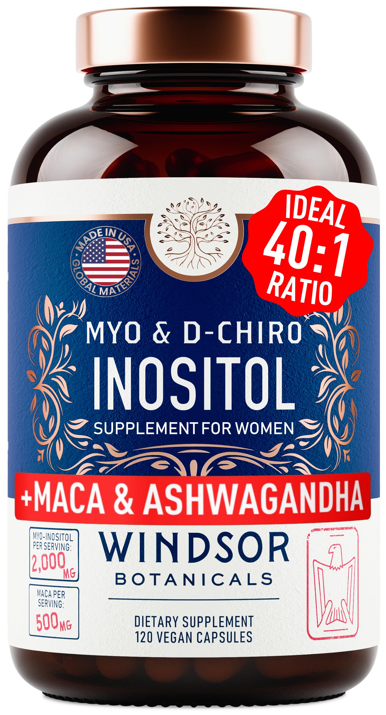 Myo-Inositol & D-Chiro Inositol 40:1 Ratio 2,000 mg - PCOS Supplements with Maca Root & Ashwagandha - Ovarian Health Support Vitamins - Hormone & Fertility Supplements for Women - 120 Vegan Caps WINDSOR BOTANICALS buy supplements canada