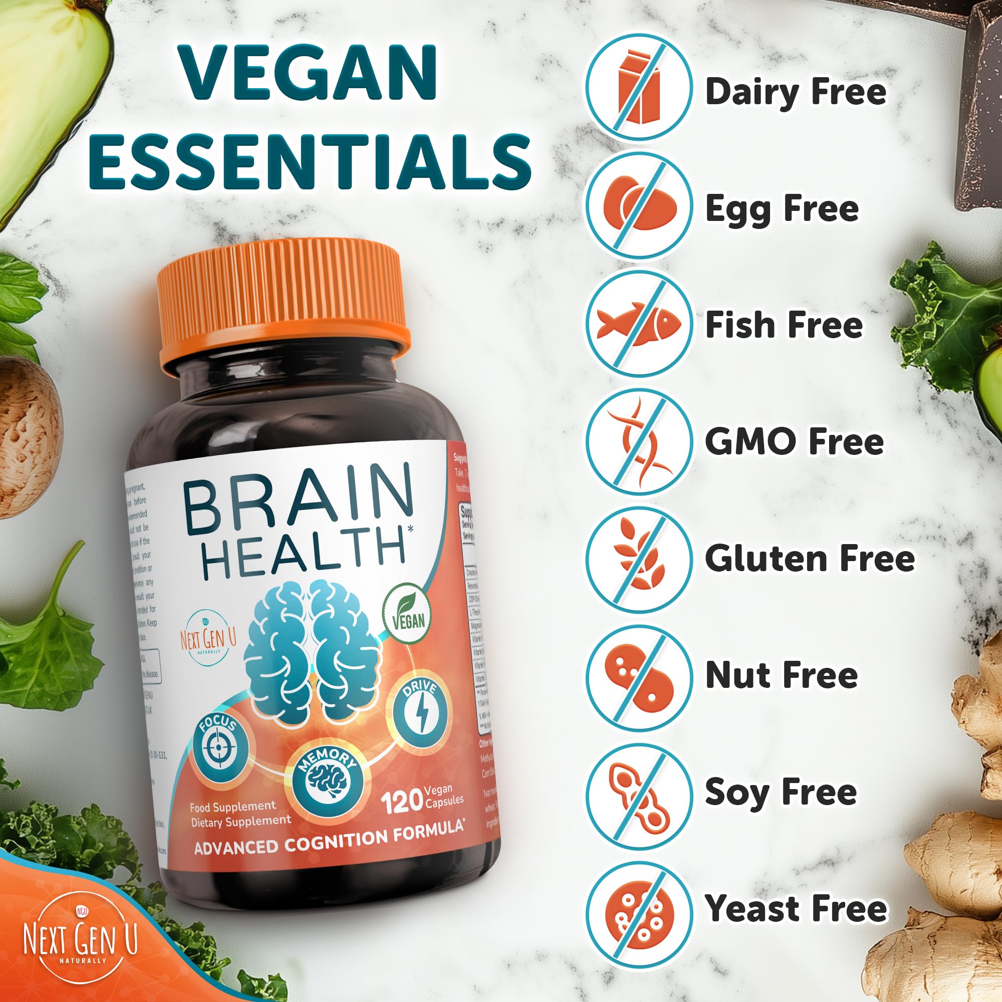 Brain Supplement - 120 Vegan Capsules - Dietary Nootropic May Help Memory, Cognitive Function & Focus - Formulation with Amino Acids, Polyphenols & B Vitamins - for Women, Men & Seniors - by NextGenU NGU Next Gen U buy supplements canada