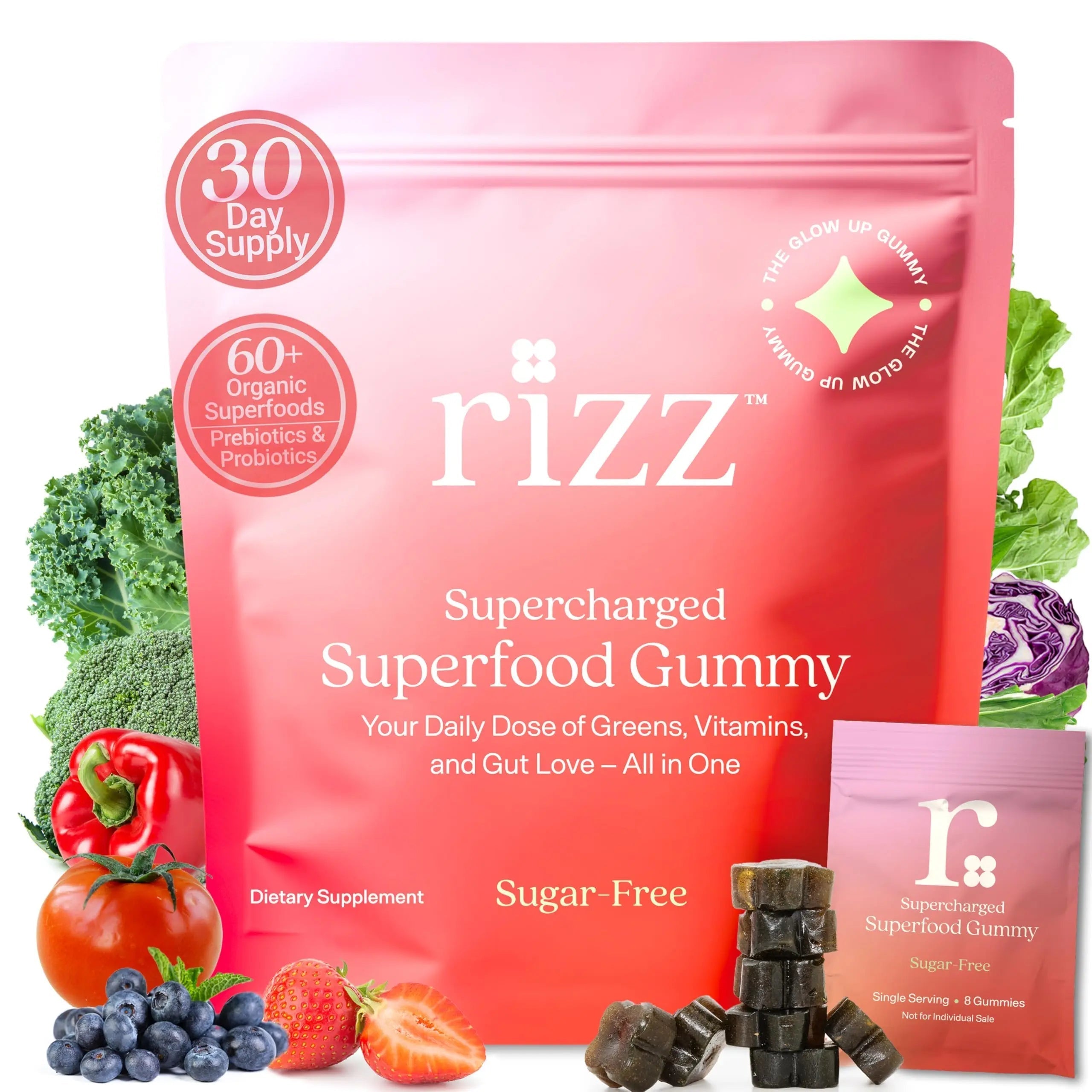 Rizz Sugar-Free Green Gummies - 60+ Superfoods 6g Fiber - Prebiotic and Probiotic Gummies - Vegan Multivitamins for Women & Men Rizz buy supplements canada