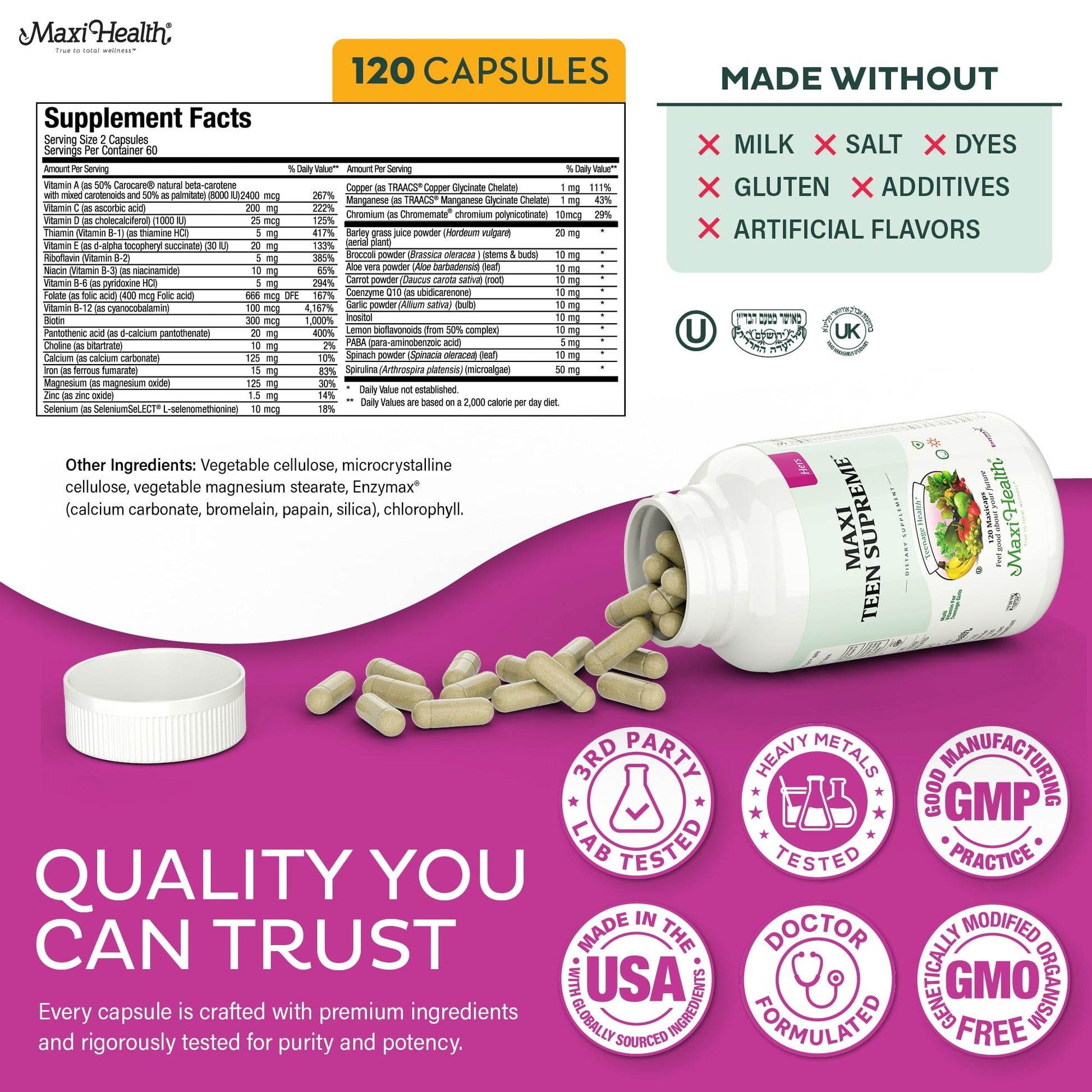 Teen Vitamins for Girls 12-17 - Teen Multivitamin D3, Iron, Calcium, Biotin, Zinc, Digestive Enzymes – Teenager Girl Multi Vitamins Maxi Health buy supplements canada