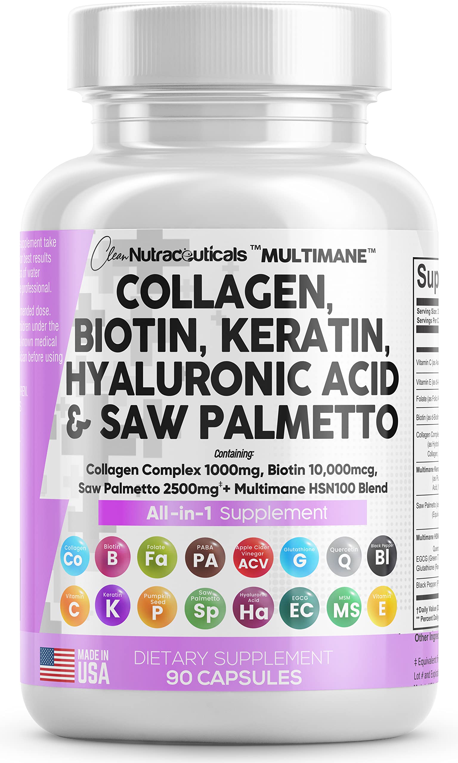 Collagen Pills 1000mg Biotin 10000mcg Keratin Saw Palmetto 2500mg 90 Ct Clean Nutraceuticals buy supplements canada