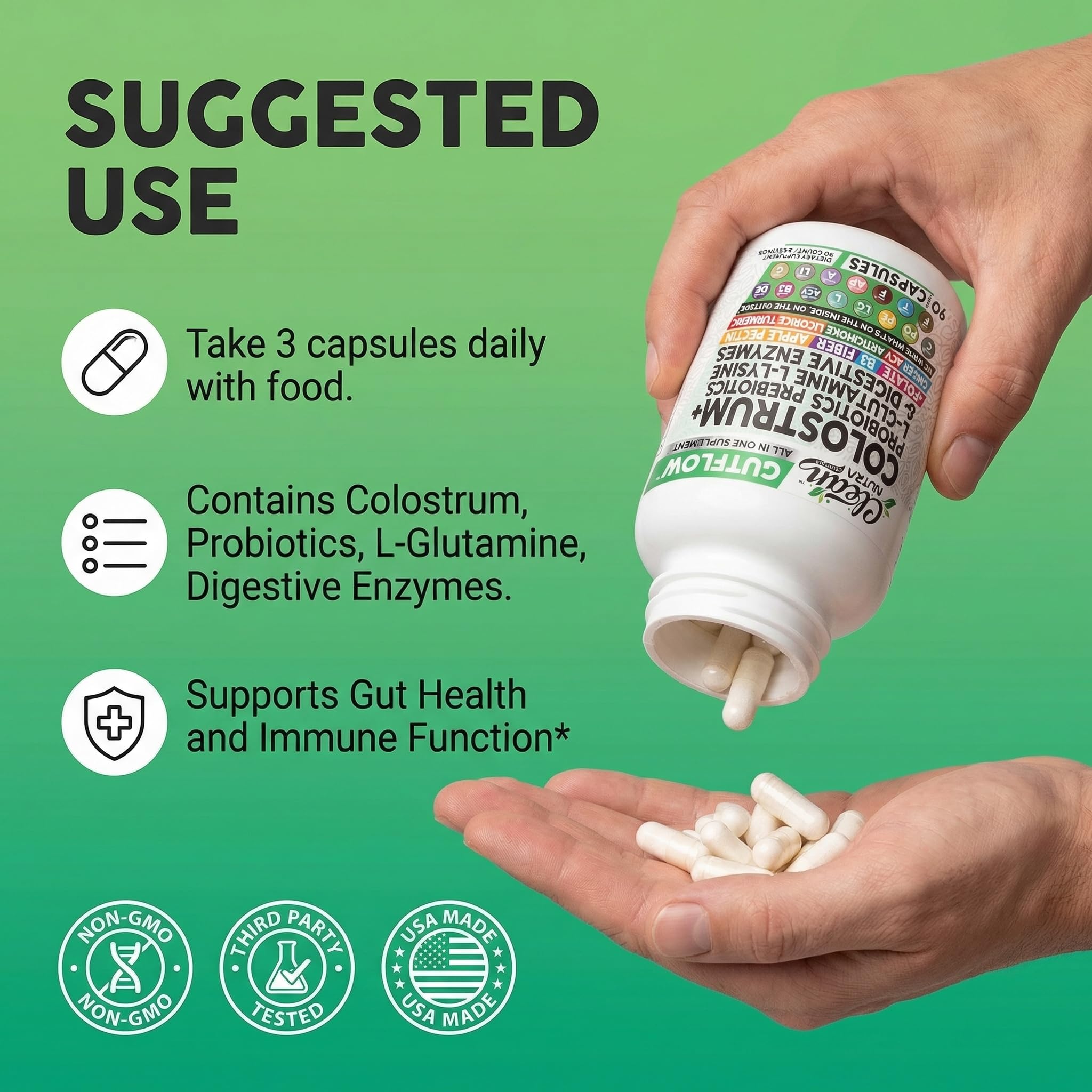 Clean Nutraceuticals Colostrum Supplement Capsules Probiotics Pills Prebiotics, L-Glutamine, Digestive Enzymes, Folate, Fiber, ACV, Turmeric, Apple Pectin and Turmeric Pills Clean Nutraceuticals buy supplements canada