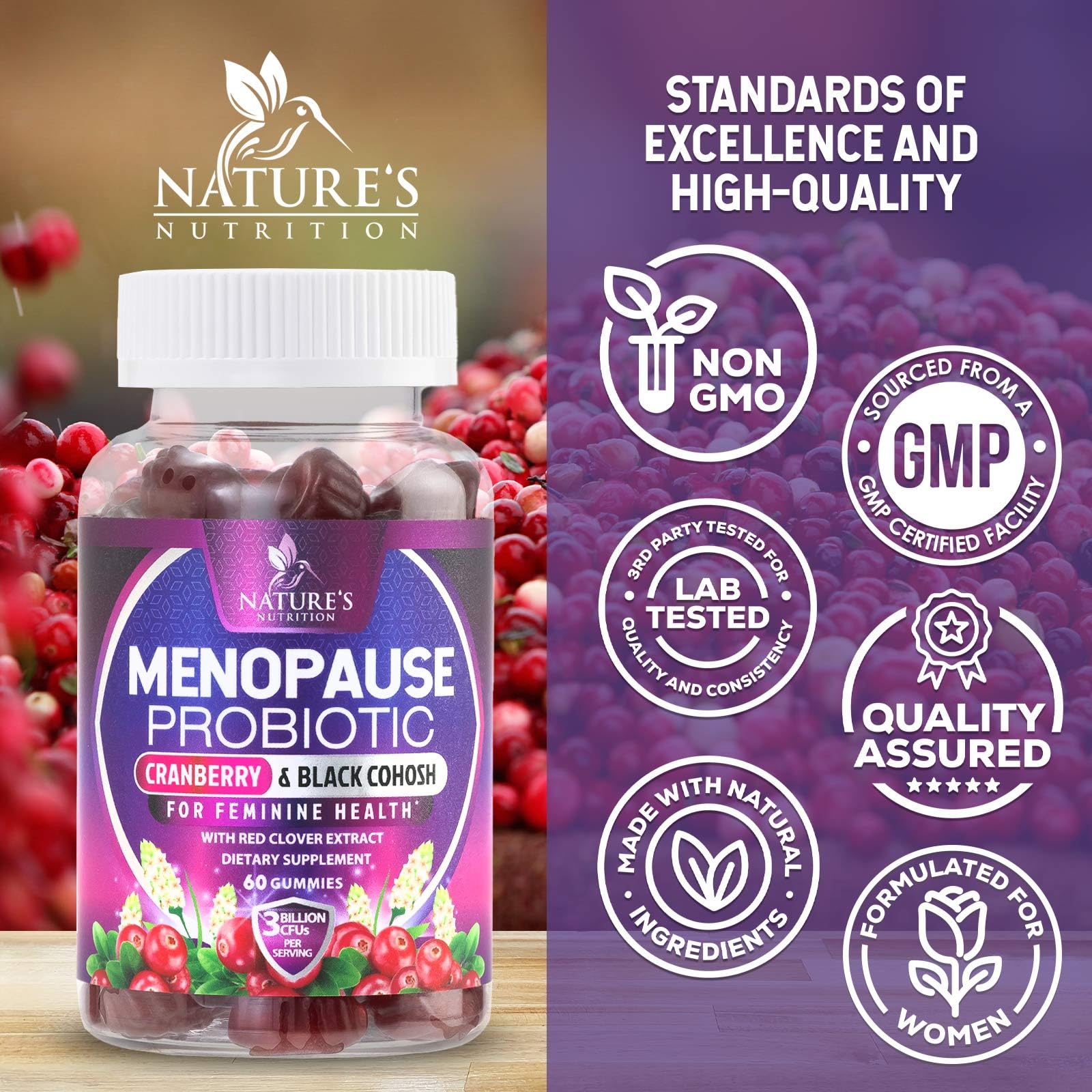 Menopause Supplement Gummies - 3 Billion CFU Women's Probiotics - Advanced Menopause Relief Formula for Women with Black Cohosh & Red Clover - Mild Hot Flashes & Night Sweats Support - 60 Gummies Nature's Nutrition buy supplements canada