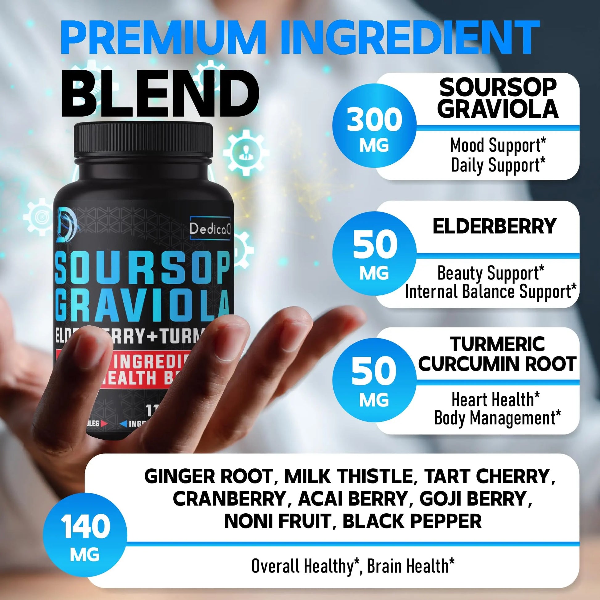 DEDICAD 11in1 Graviola Soursop Capsules for 5 Months Supply with Soursop Fruit, Elderberry, Turmeric, Ginger, Milk Thistle, Cranberry & More - Mood - 150 Vegan Capsules DEDICAD buy supplements canada